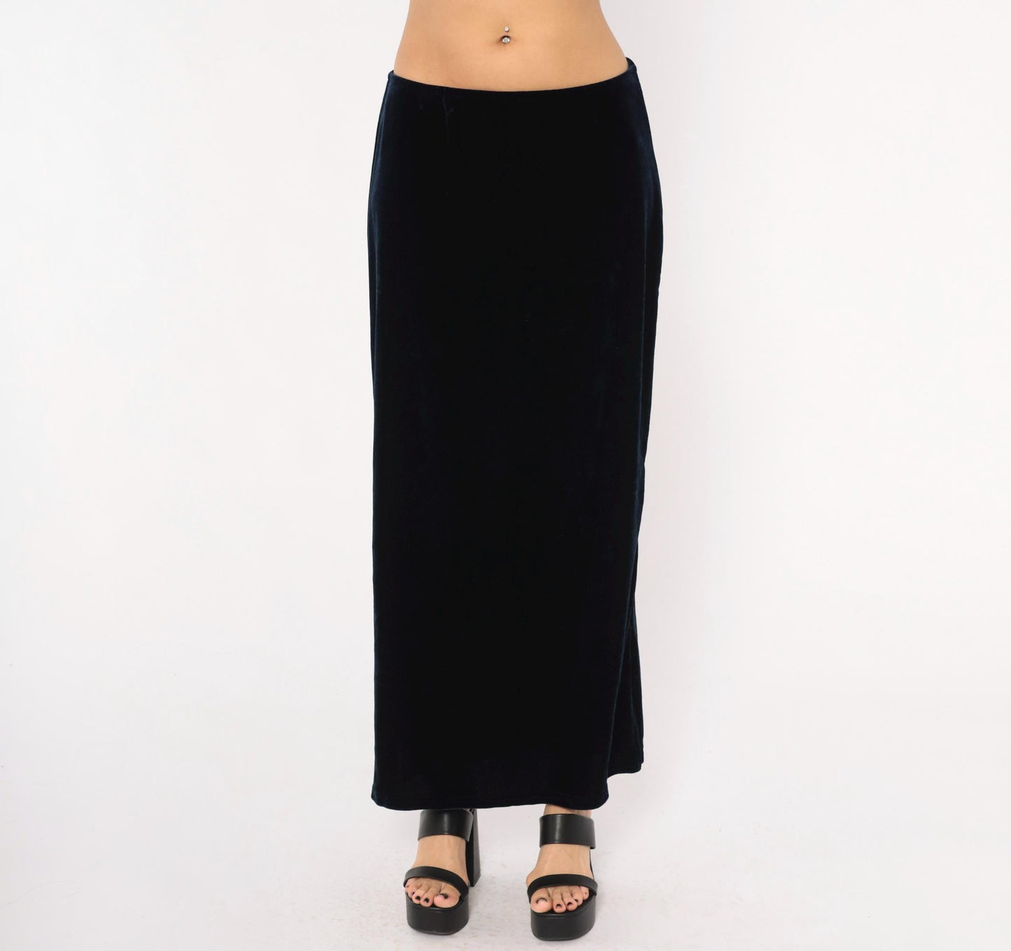 90s Navy Velvet Maxi Skirt Straight Column Ankle Length Medium Large