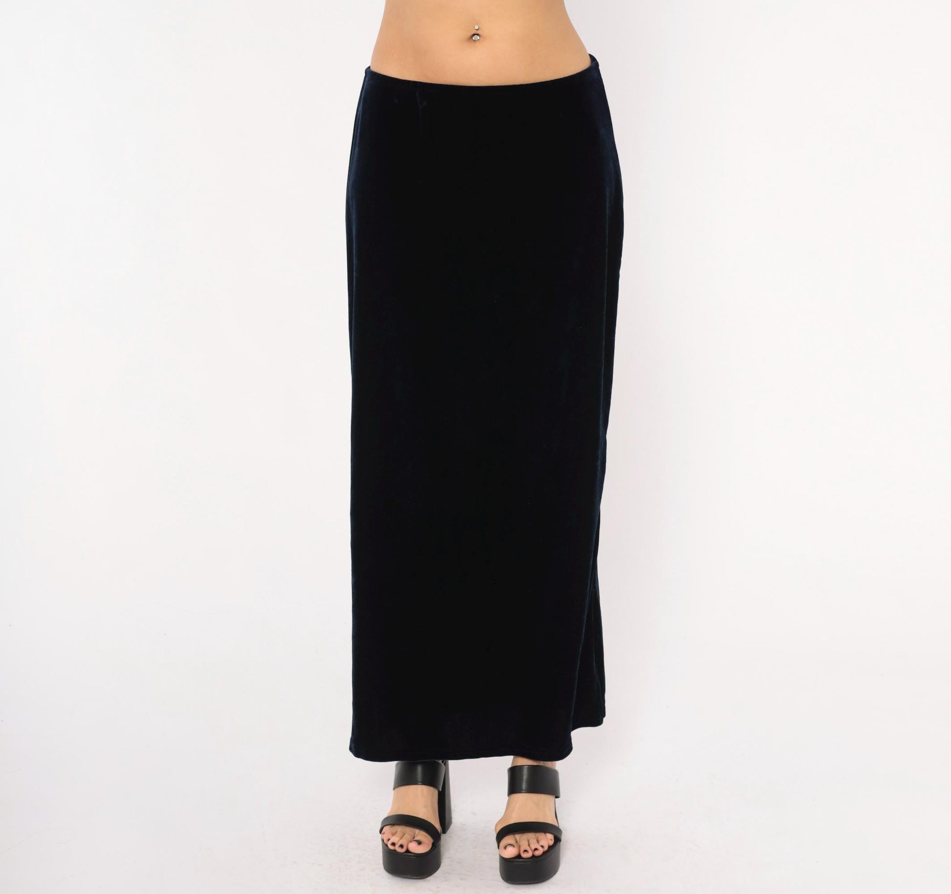 90s Navy Velvet Maxi Skirt Straight Column Ankle Length Medium Large