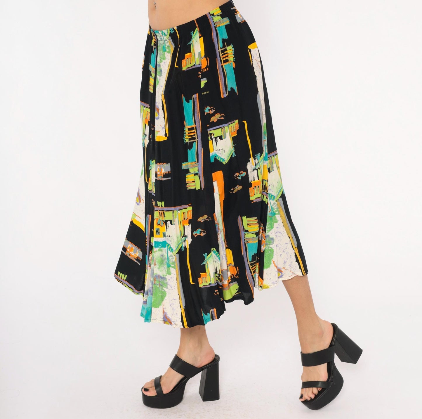90s Sharon Anthony Maxi Skirt Cityscape Print Black Teal Orange Extra Large