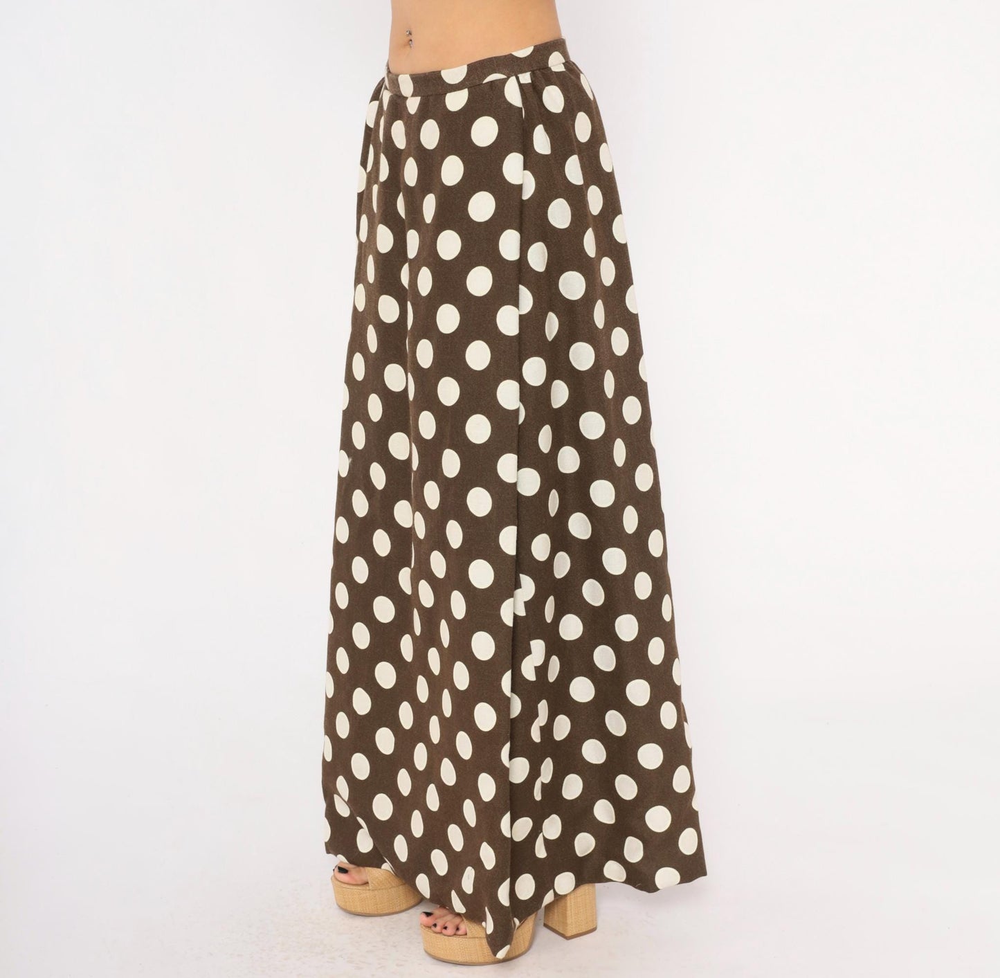 70s Brown Cream Polka Dot Maxi Skirt A-Line Cotton Gathered Waist Medium