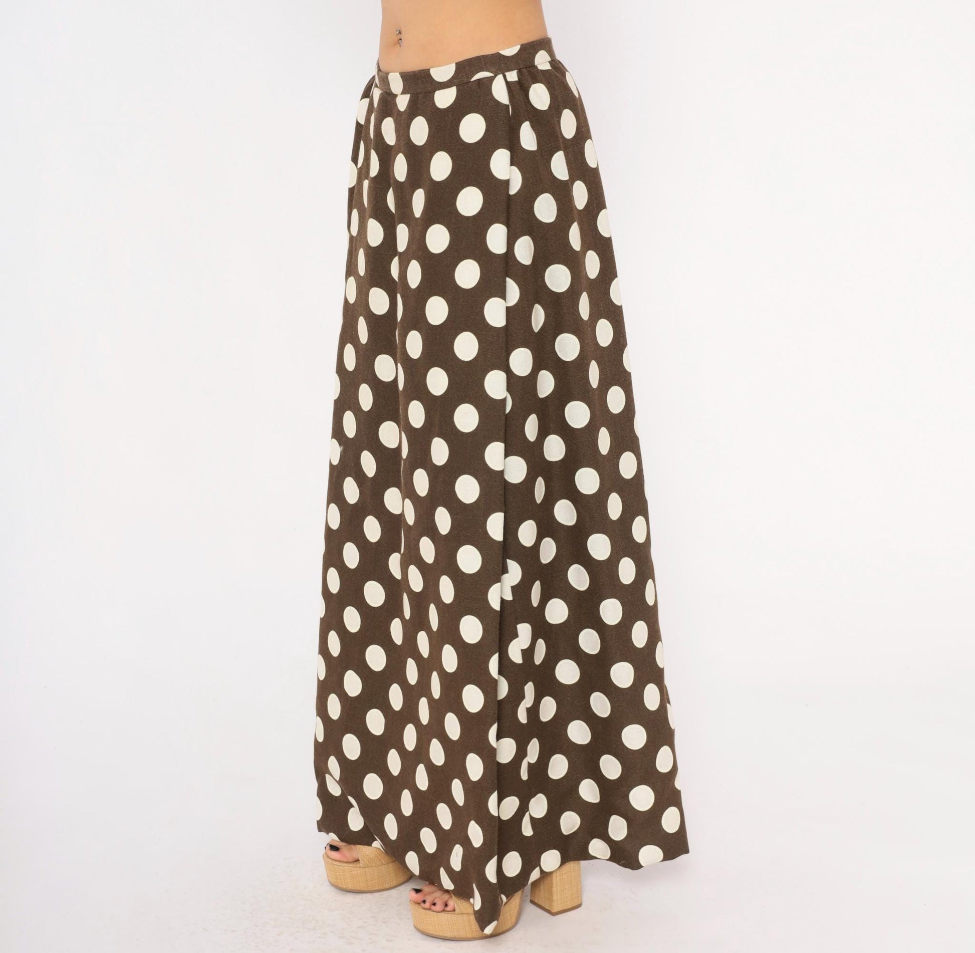 70s Brown Cream Polka Dot Maxi Skirt A-Line Cotton Gathered Waist Medium