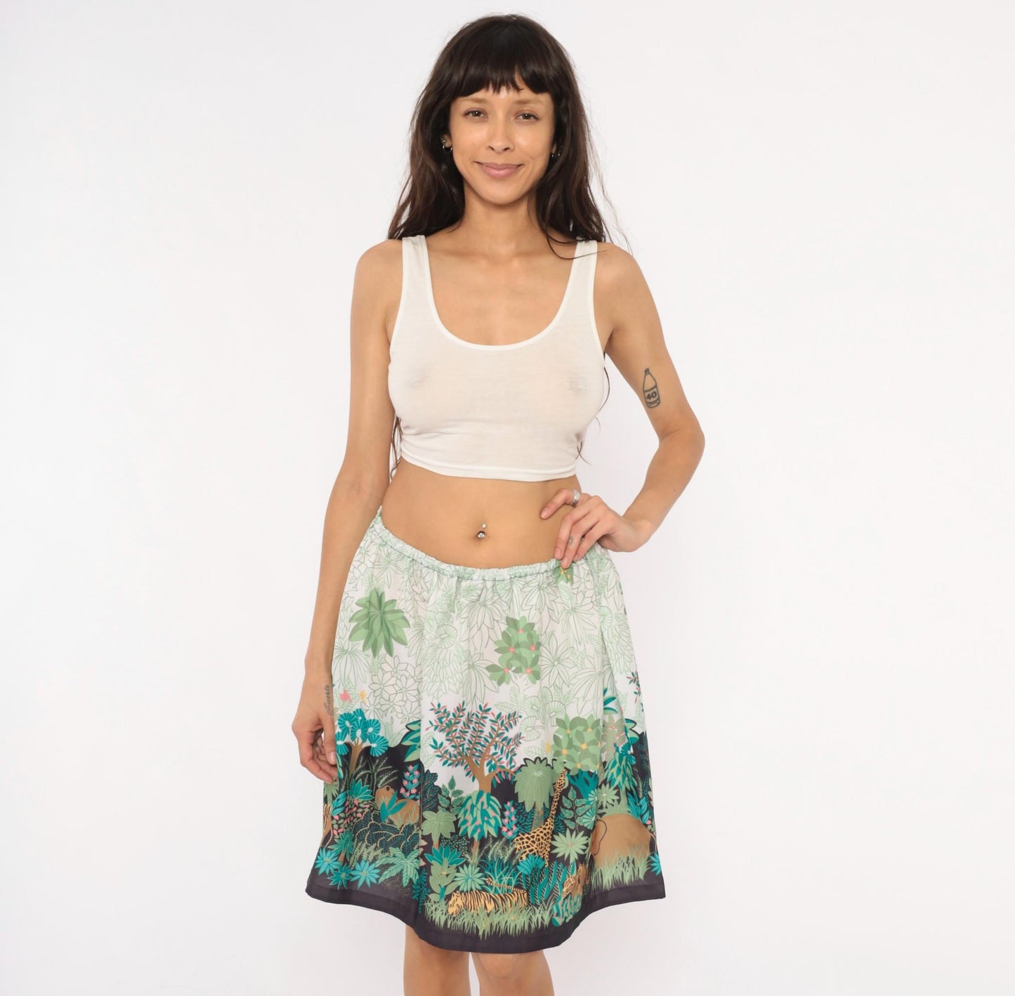 80s Jungle Safari Animal Print A-Line Skirt Knee-Length Cream Small Medium
