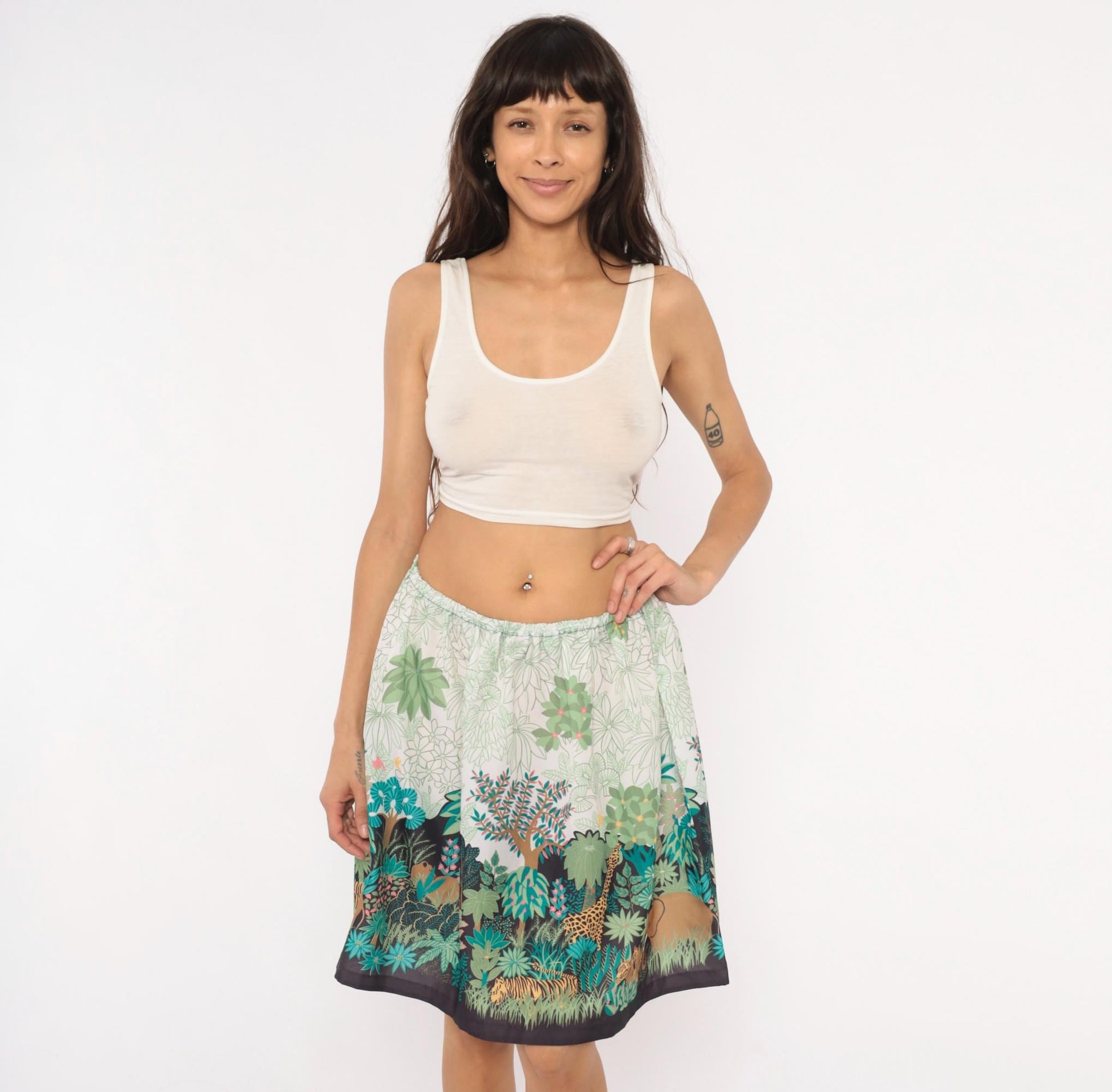 80s Jungle Safari Animal Print A-Line Skirt Knee-Length Cream Small Medium