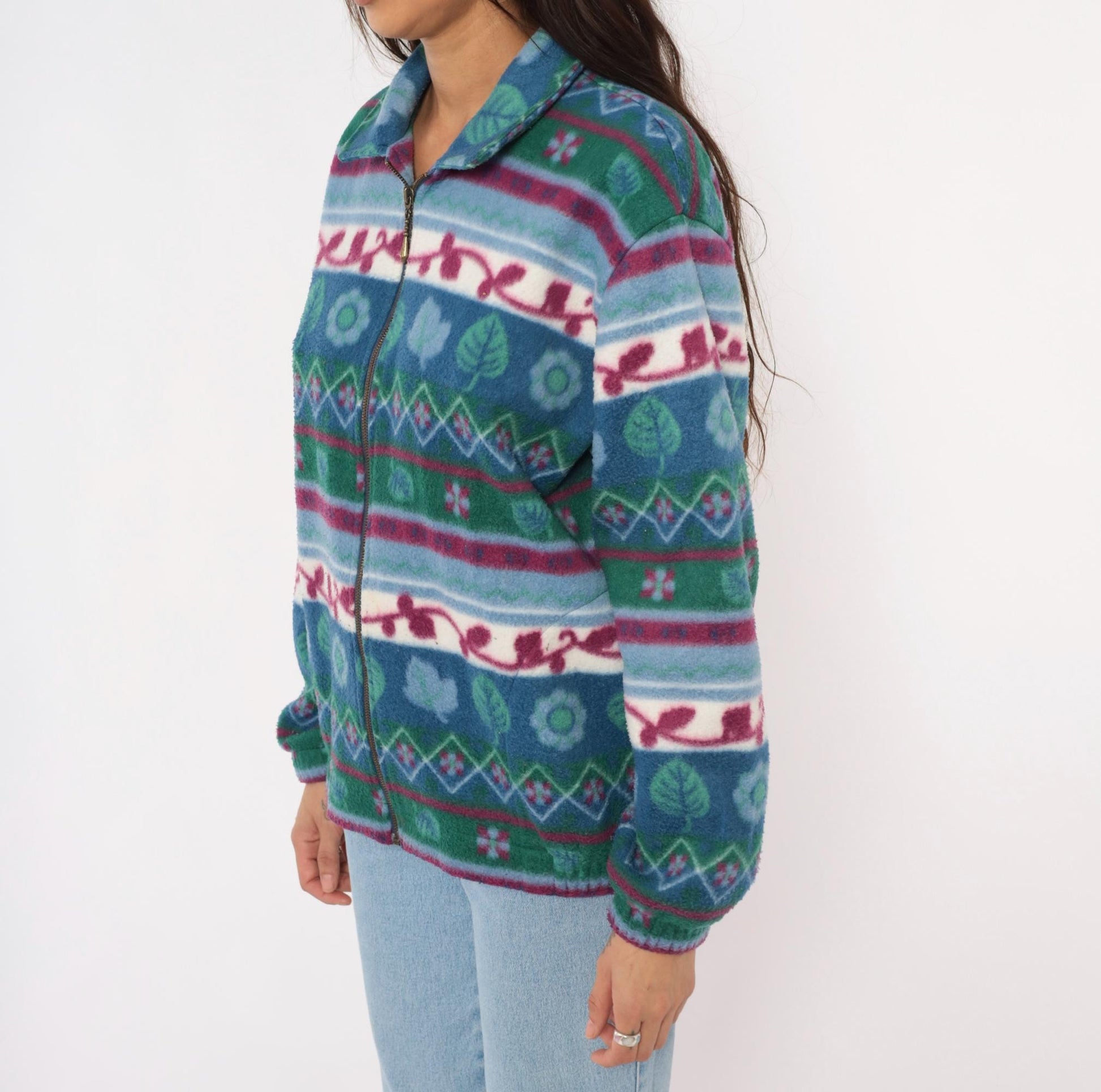 90s Teddi Floral Fleece Jacket Teal Burgundy Leaf Print Zip-Up Medium