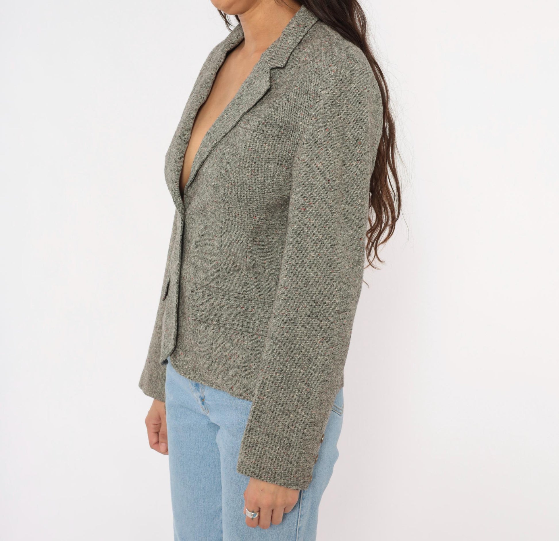 80s Pendleton Tweed Blazer Grey Wool Notched Lapel Fitted Small S
