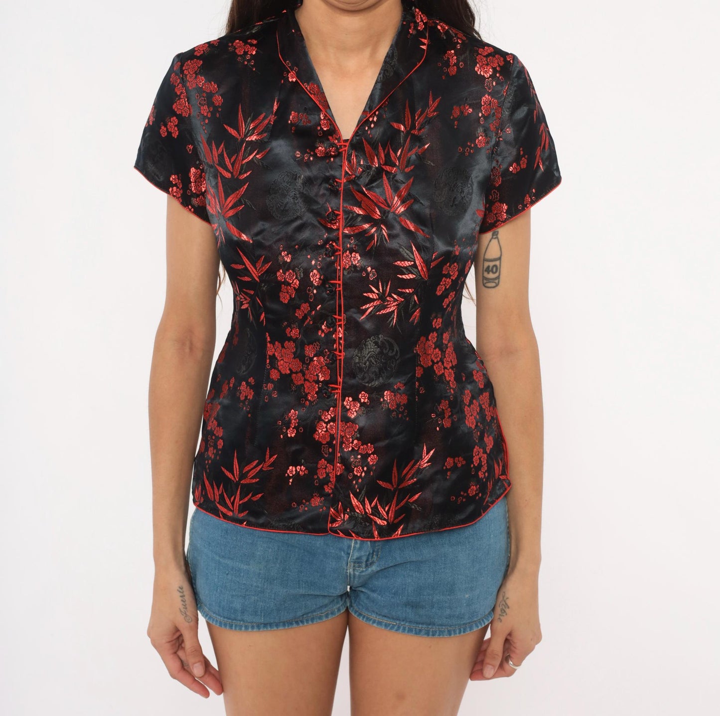 2000s Black Red Silk Cheongsam Top Mandarin Collar Brocade Medium M