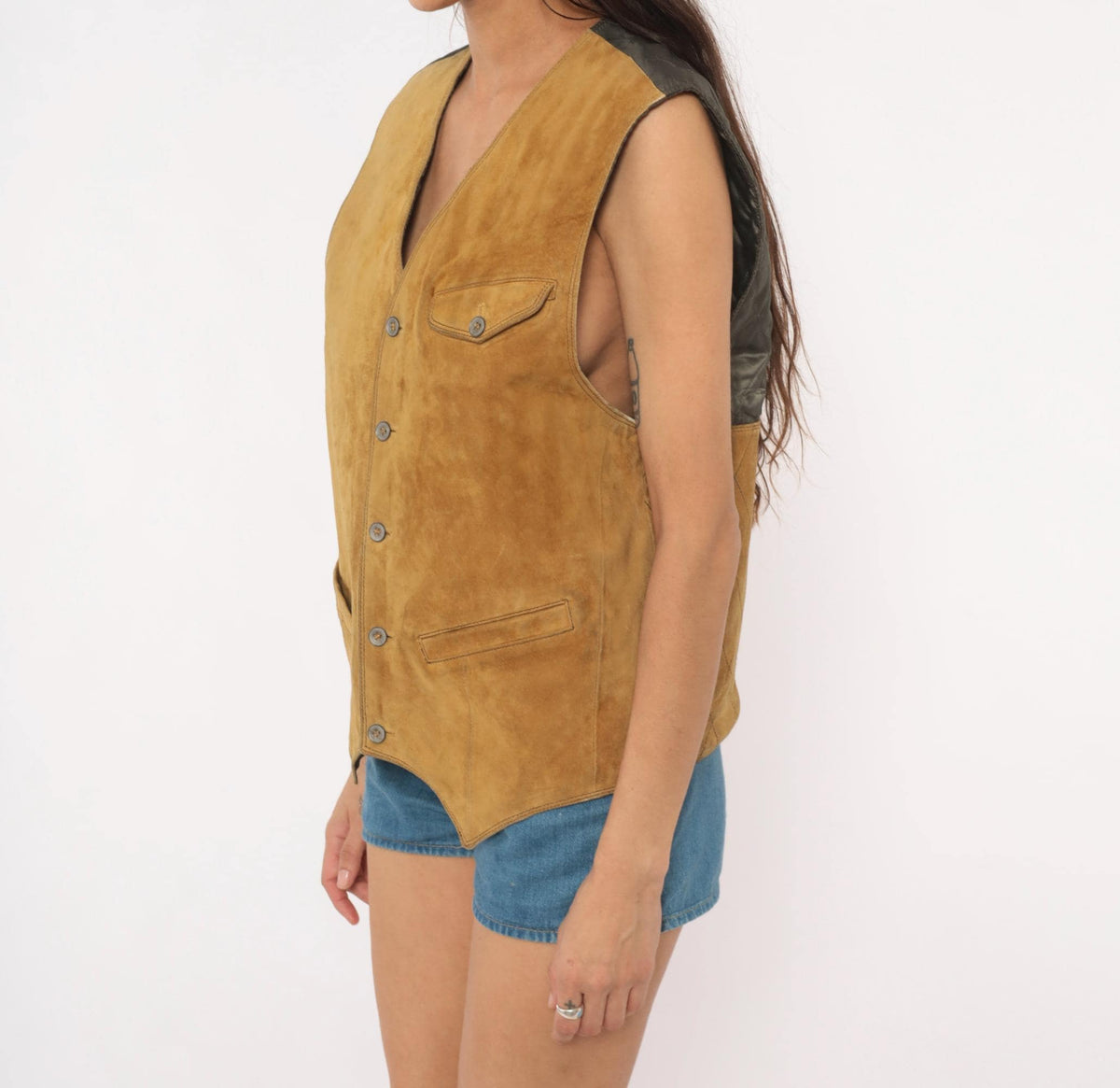 80s Robert Comstock Tan Suede Vest Diamond Quilted Buckle Back Small
