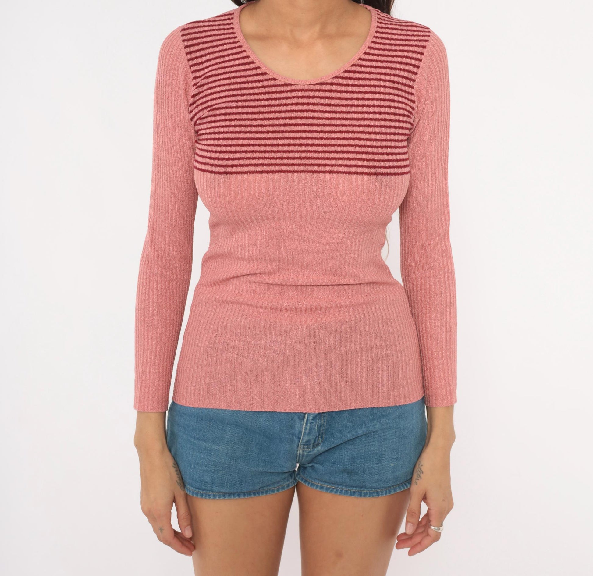 70s Marbella Knits Rose Pink Striped Ribbed Pullover Sweater Small