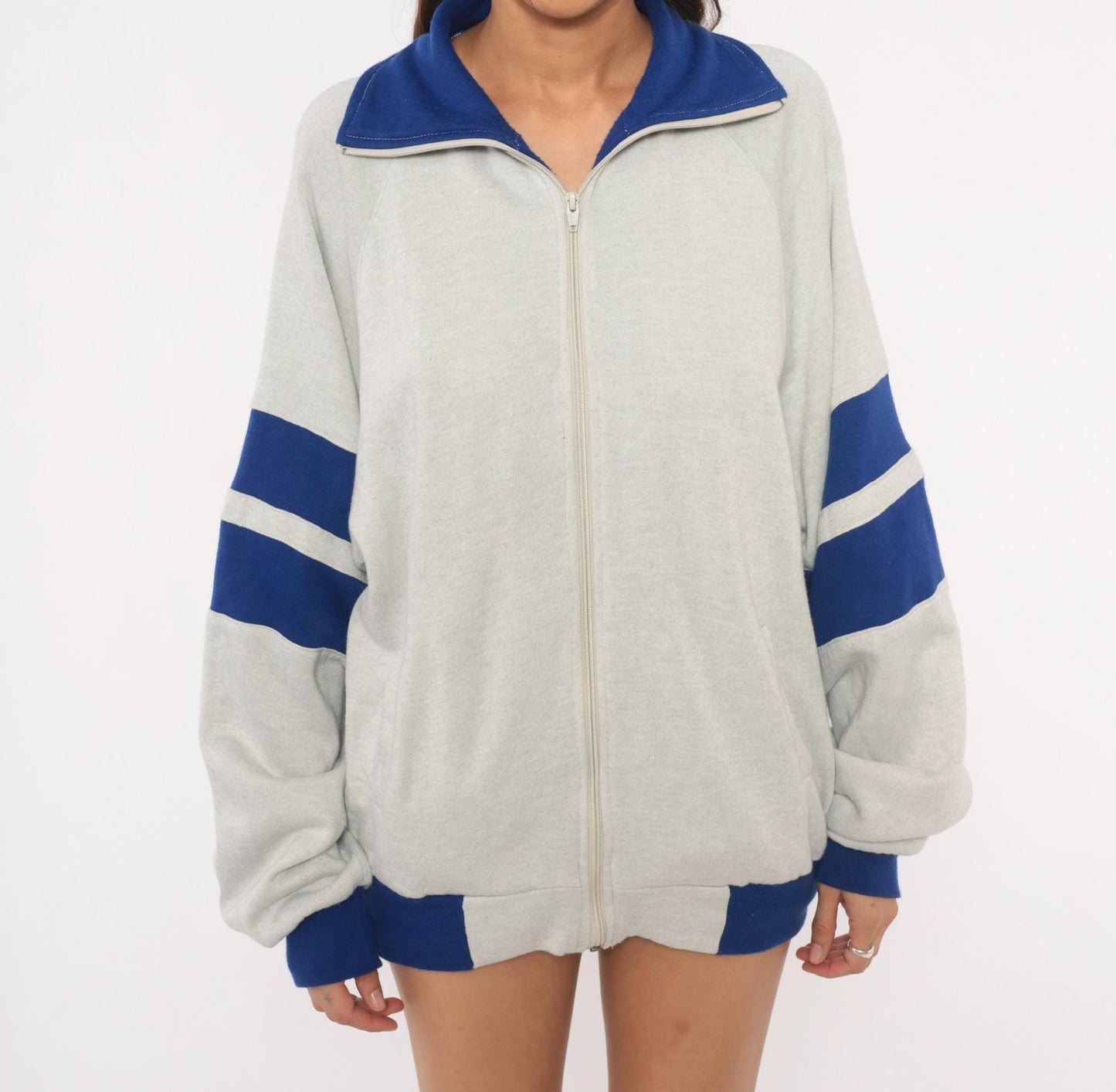 80s Omni LTD Colorblock Zip Sweatshirt Grey Cobalt Striped Large L