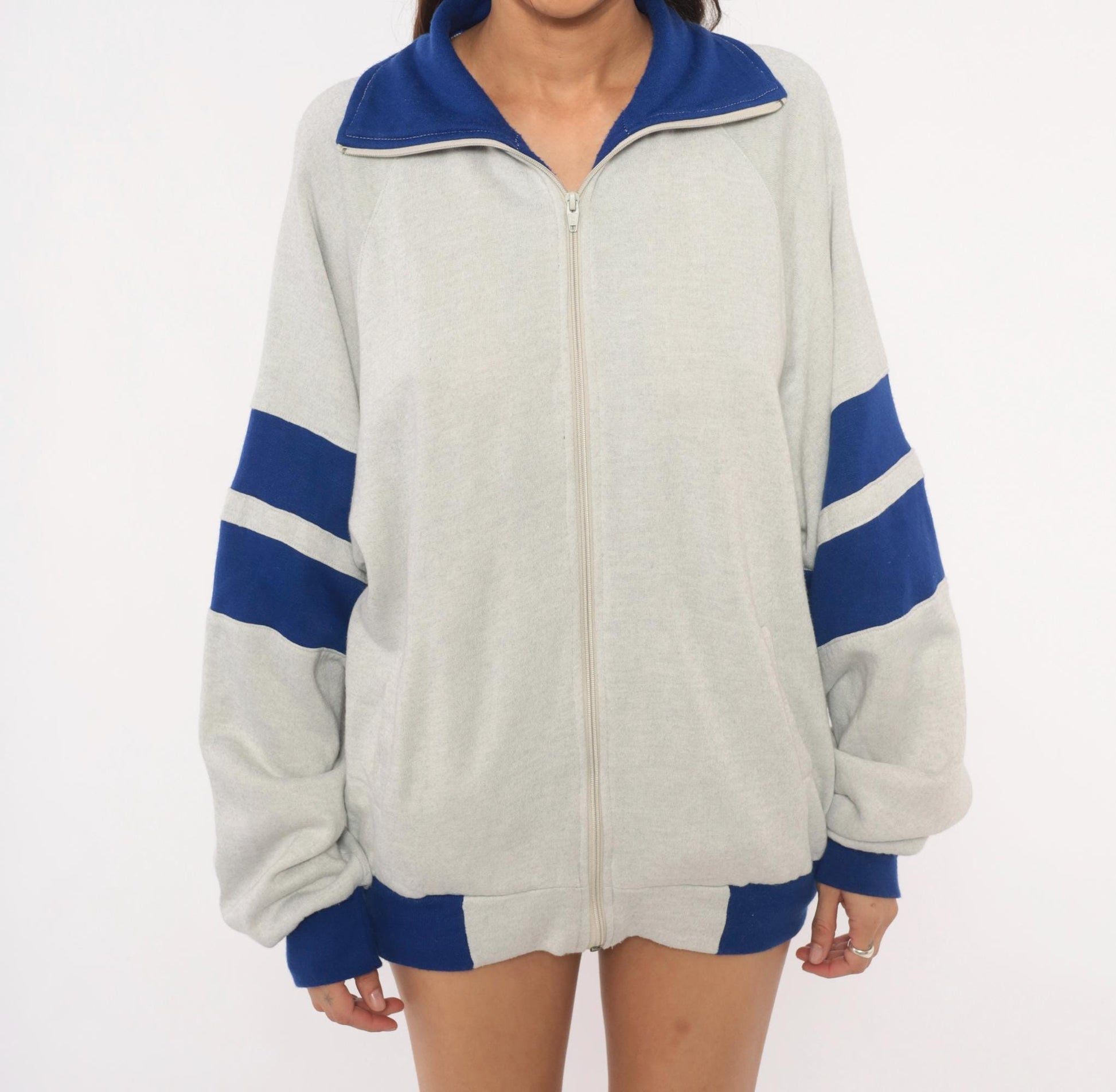 80s Omni LTD Colorblock Zip Sweatshirt Grey Cobalt Striped Large L