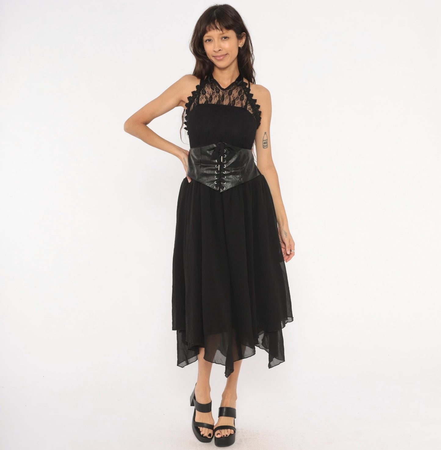 2000s Black Lace Corset Halter Midi Dress Chiffon Handkerchief Hem Plus Size XXL