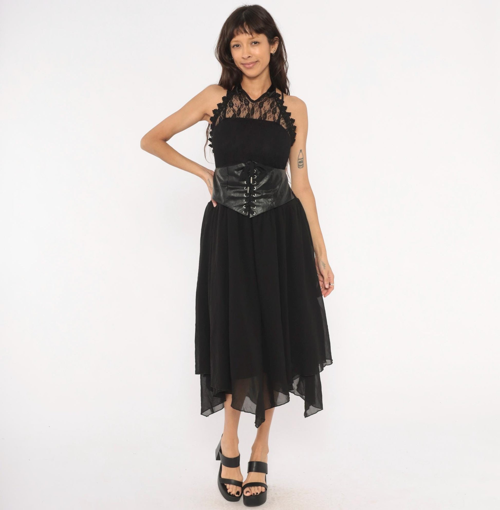 2000s Black Lace Corset Halter Midi Dress Chiffon Handkerchief Hem Plus Size XXL