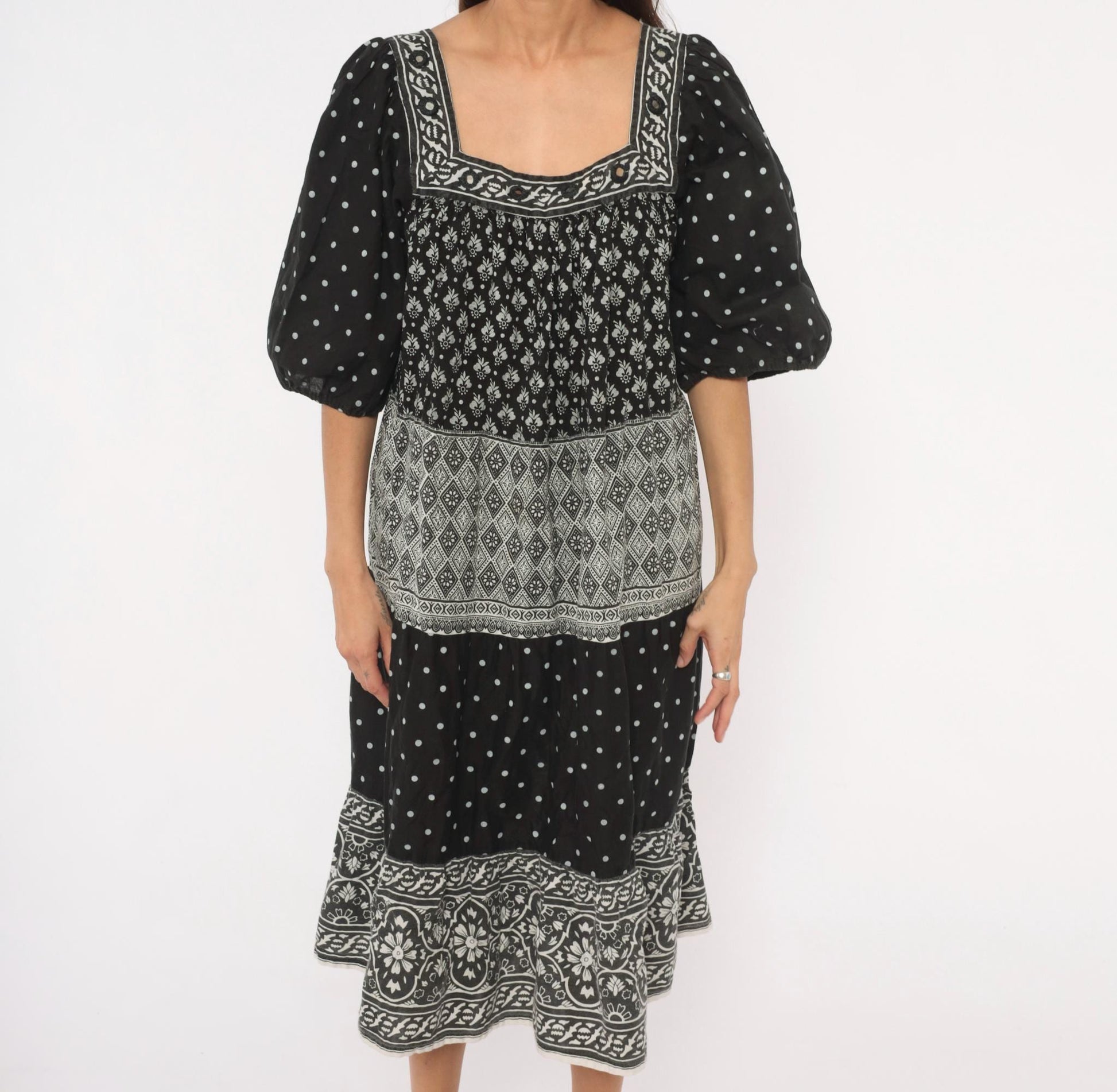 90s Ramona Rull Black Floral Midi Dress Square Neck Puff Sleeve Cotton Extra Large