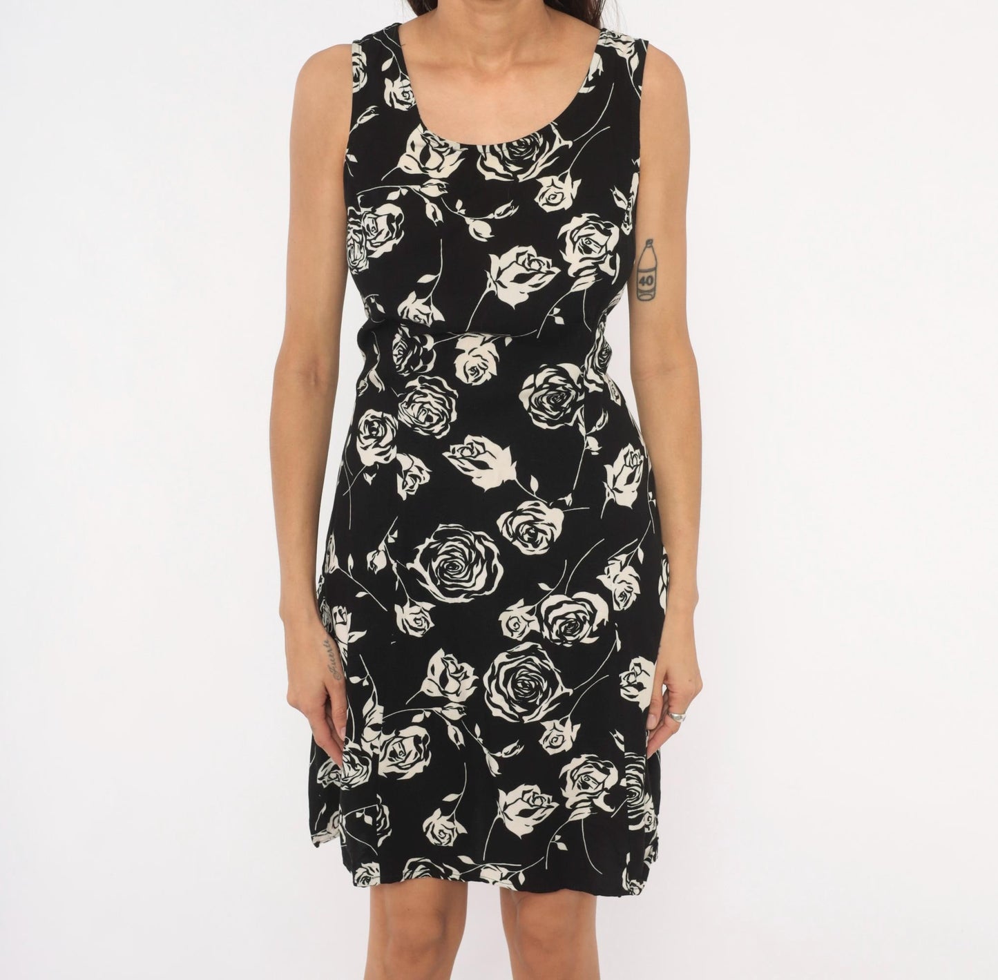 90s Expressions Rose Print Sundress Black Cream Floral Knee-Length Medium M