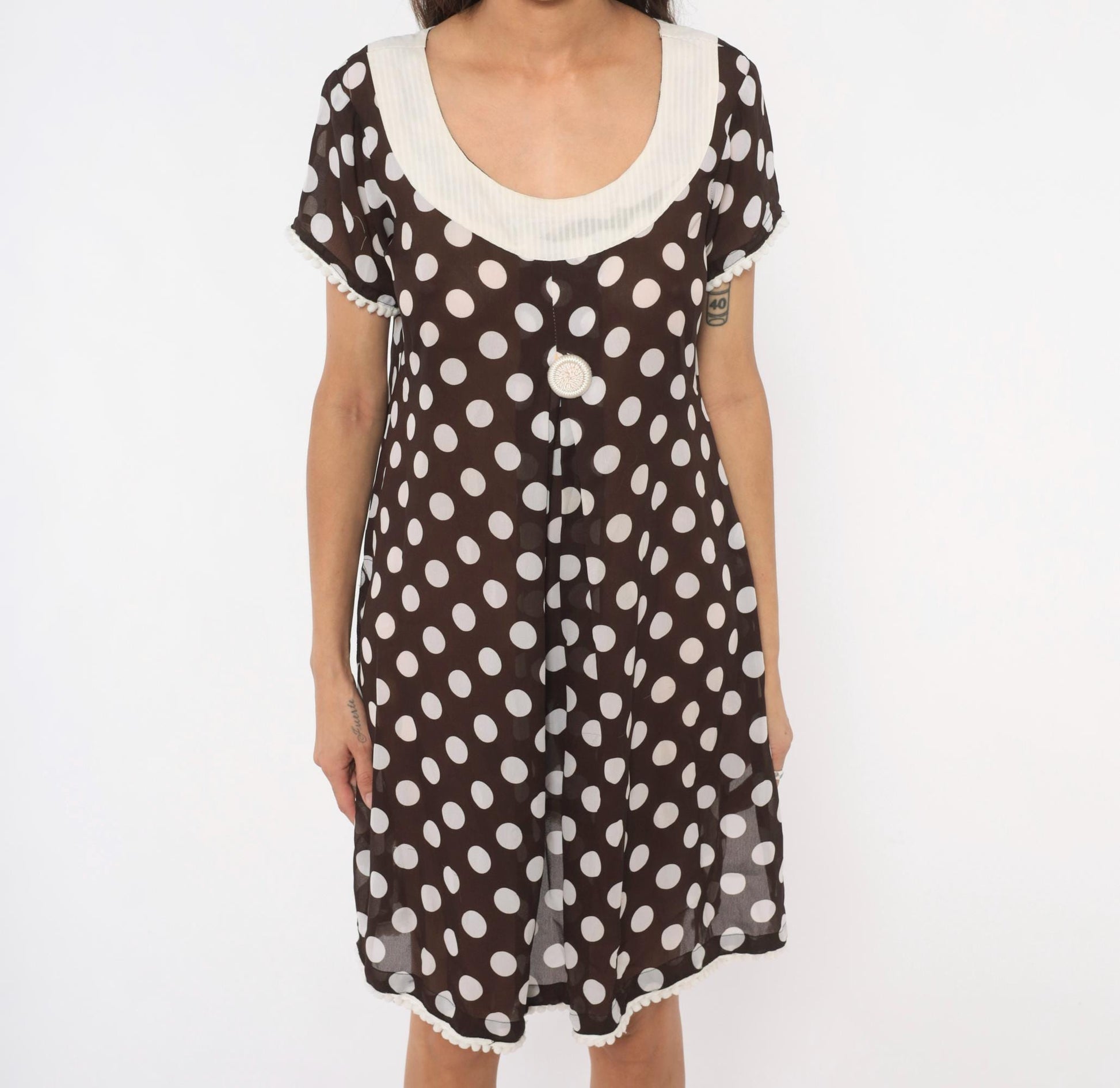 Y2K Polka Dot Babydoll Dress Brown Cream Pom Pom Trim Shift Mini Medium M