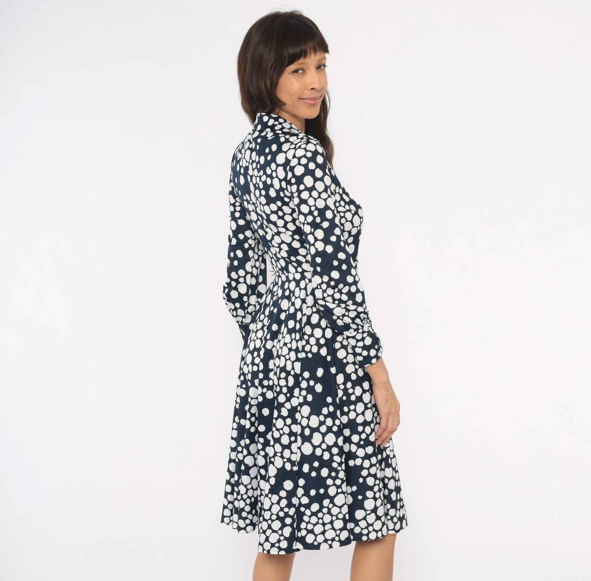 70s Gail Gray Navy Polka Dot Wrap Dress V Neck Button Front Knee Length Extra Small XS