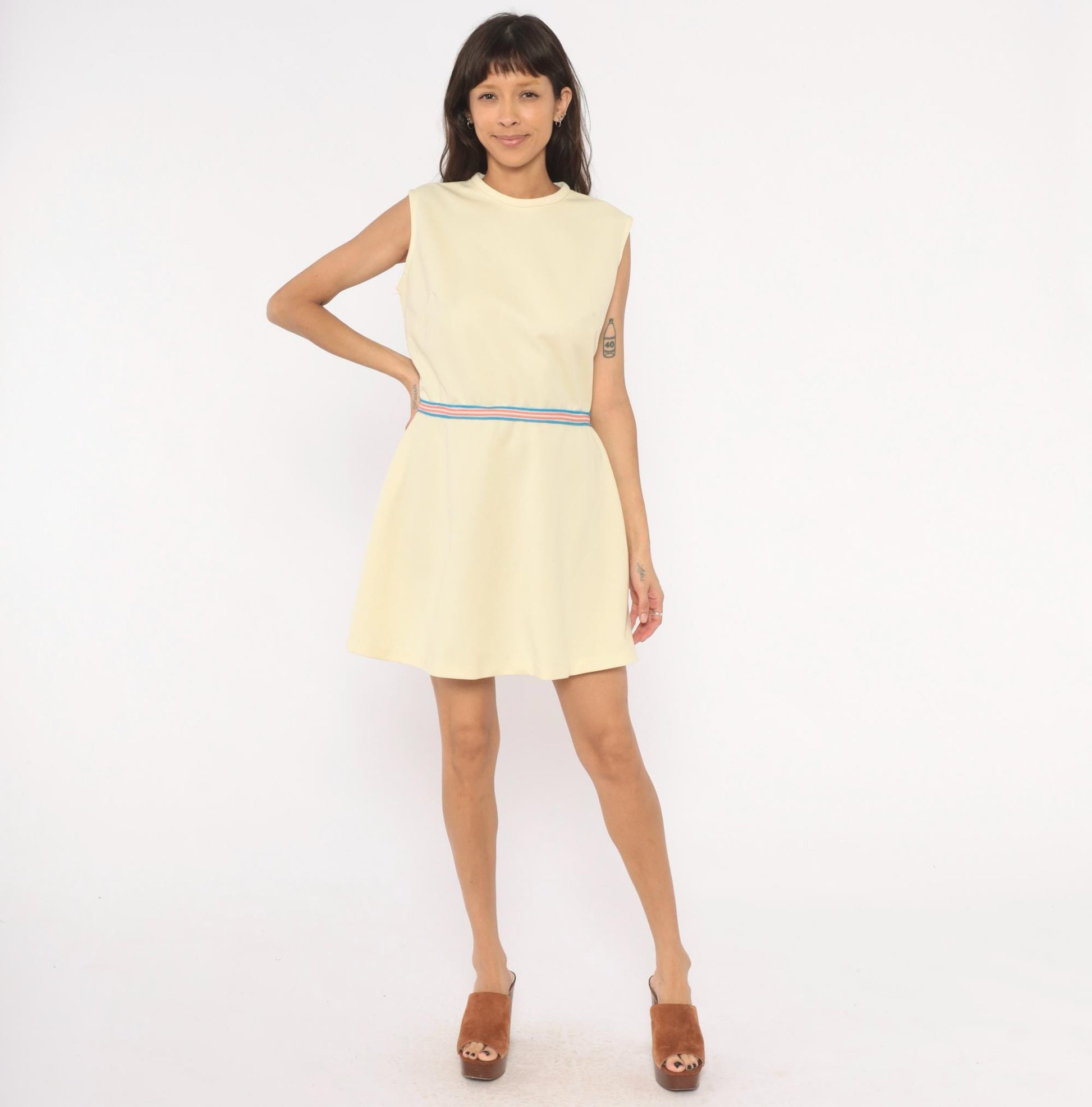 70s Cream Sleeveless Mini Dress Striped Waistband Tennis Style Shift Large L