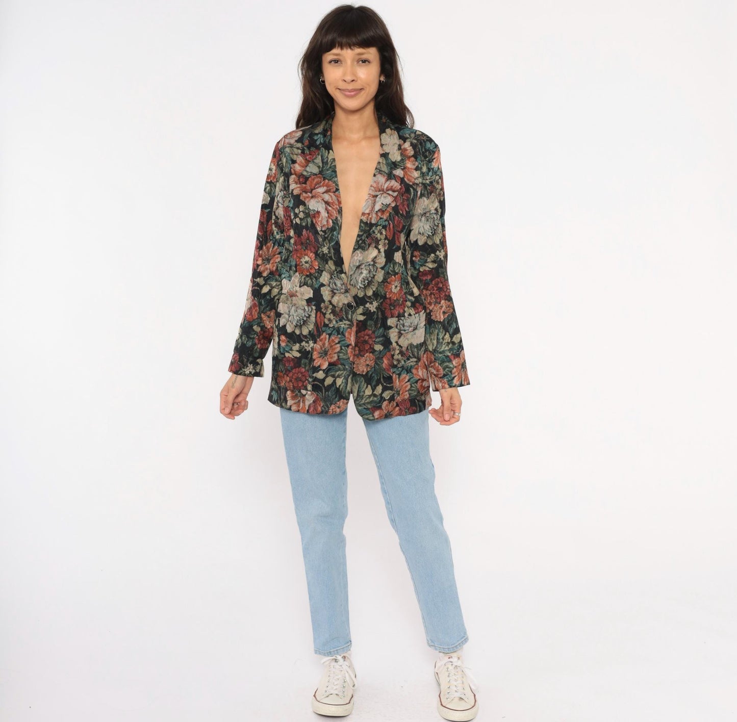 90s Laura Tyler Floral Blazer Black Botanical Jacquard Medium M