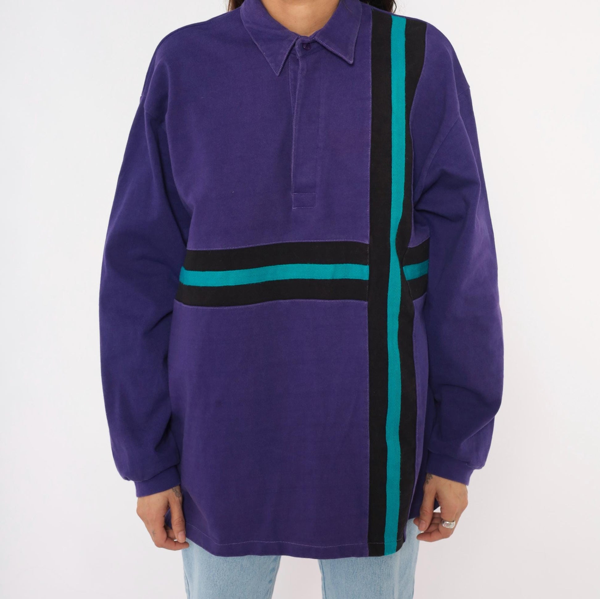 90s Billion Bay Rugby Polo Purple Teal Black Stripe Colorblock Medium