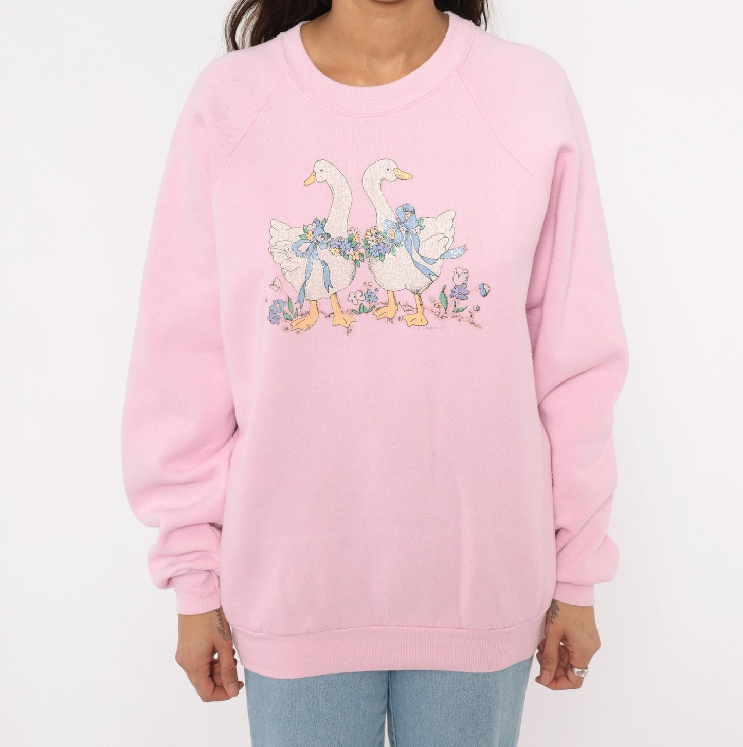 90s Pink Geese Crewneck Sweatshirt Raglan Sleeve Floral Graphic Cotton Large L