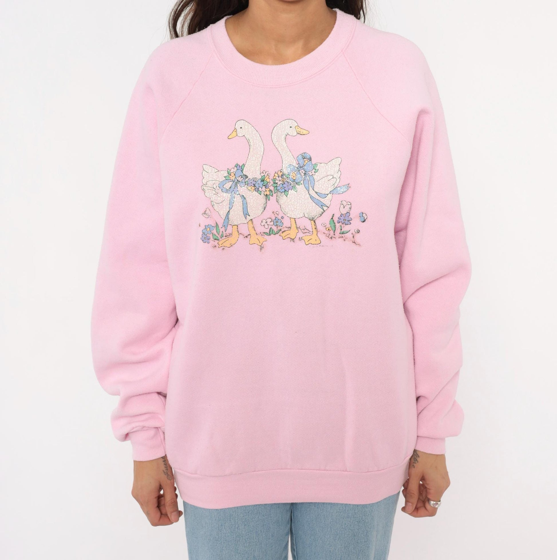 90s Pink Geese Crewneck Sweatshirt Raglan Sleeve Floral Graphic Cotton Large L