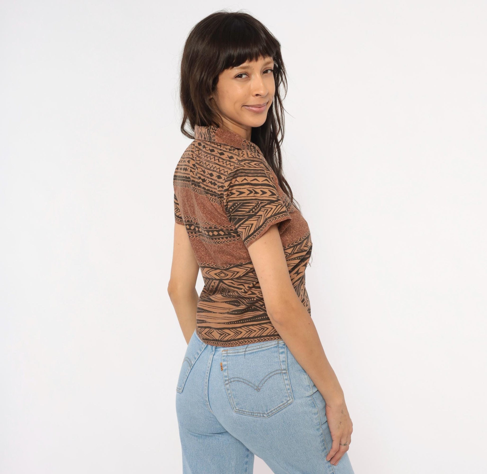 90s Tribal Print Button Camp Collar Shirt Brown Black Geometric XXS