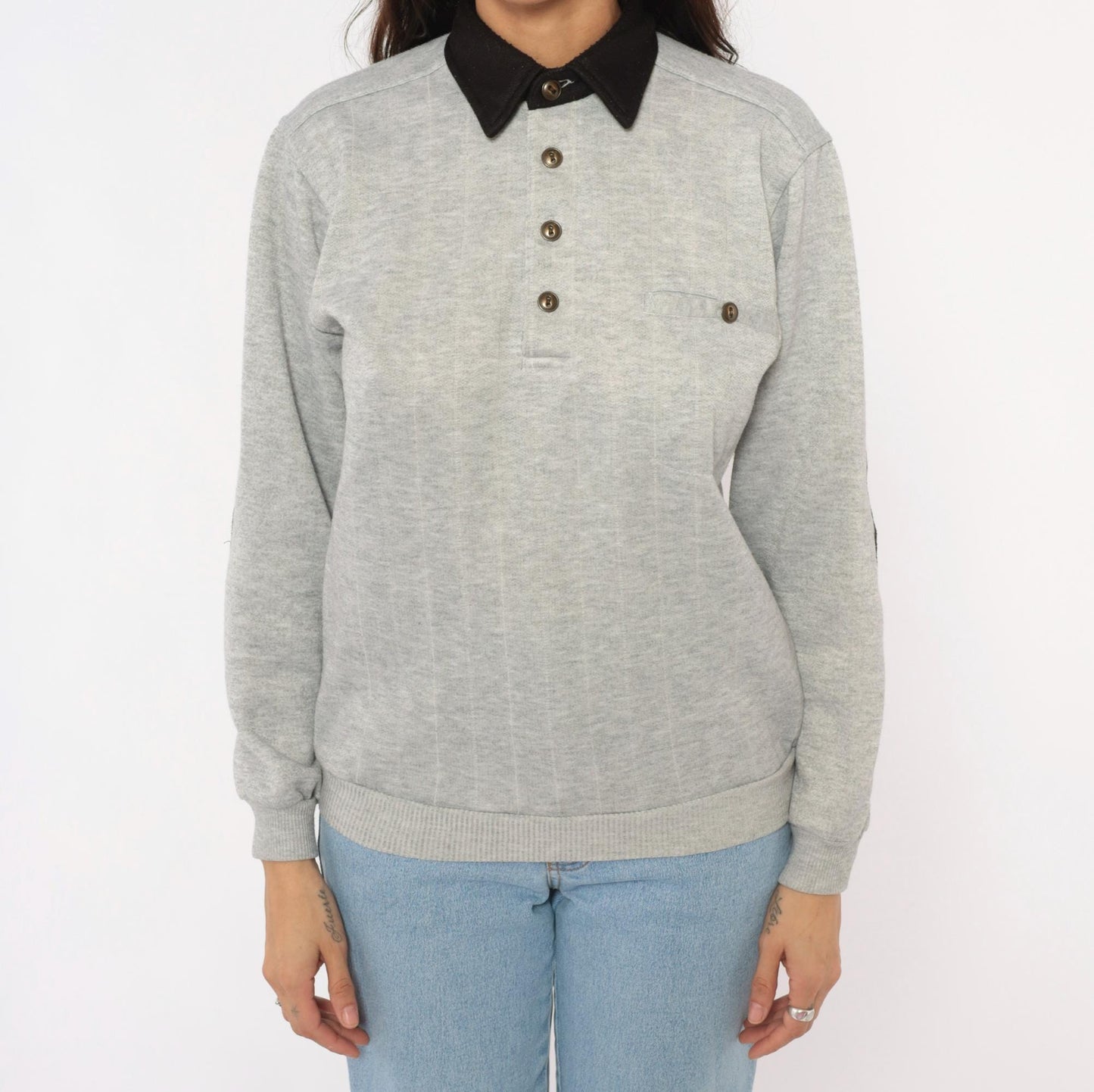 90s Scandia Woods Henley Sweatshirt Black Collar Elbow Patch Grey Small