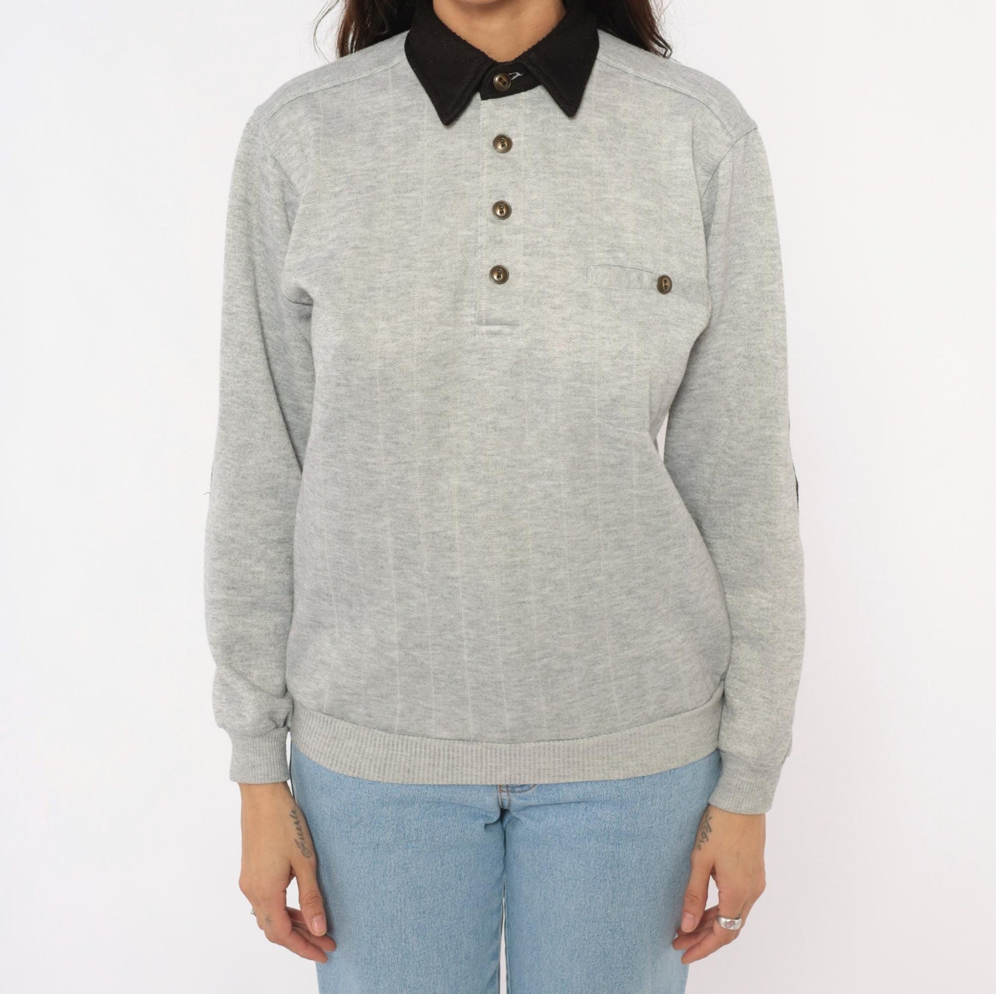 90s Scandia Woods Henley Sweatshirt Black Collar Elbow Patch Grey Small