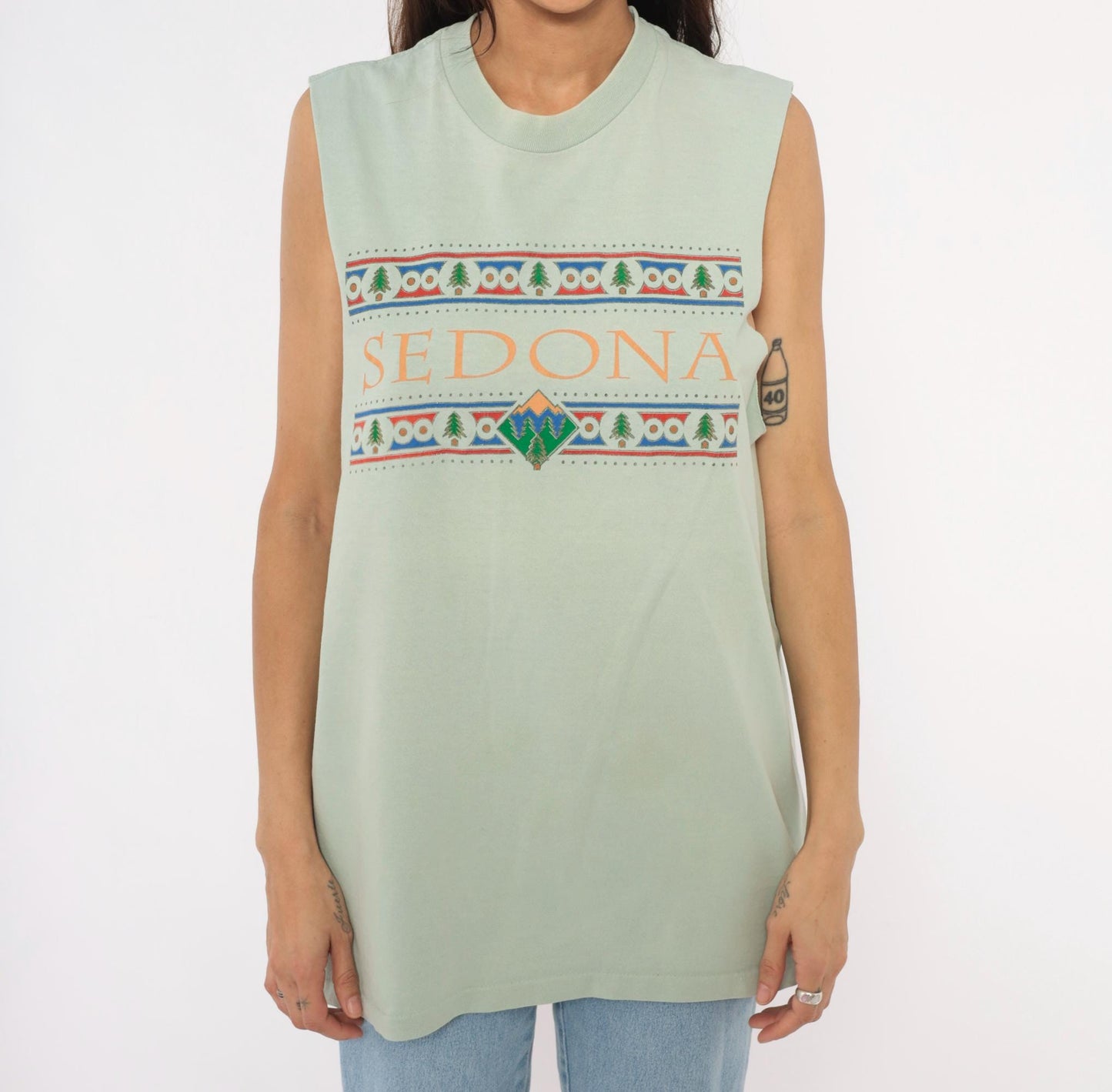 90s Anvil Sedona Arizona Sage Green Cotton Tank Top Graphic Mountain Tree Extra Large XL