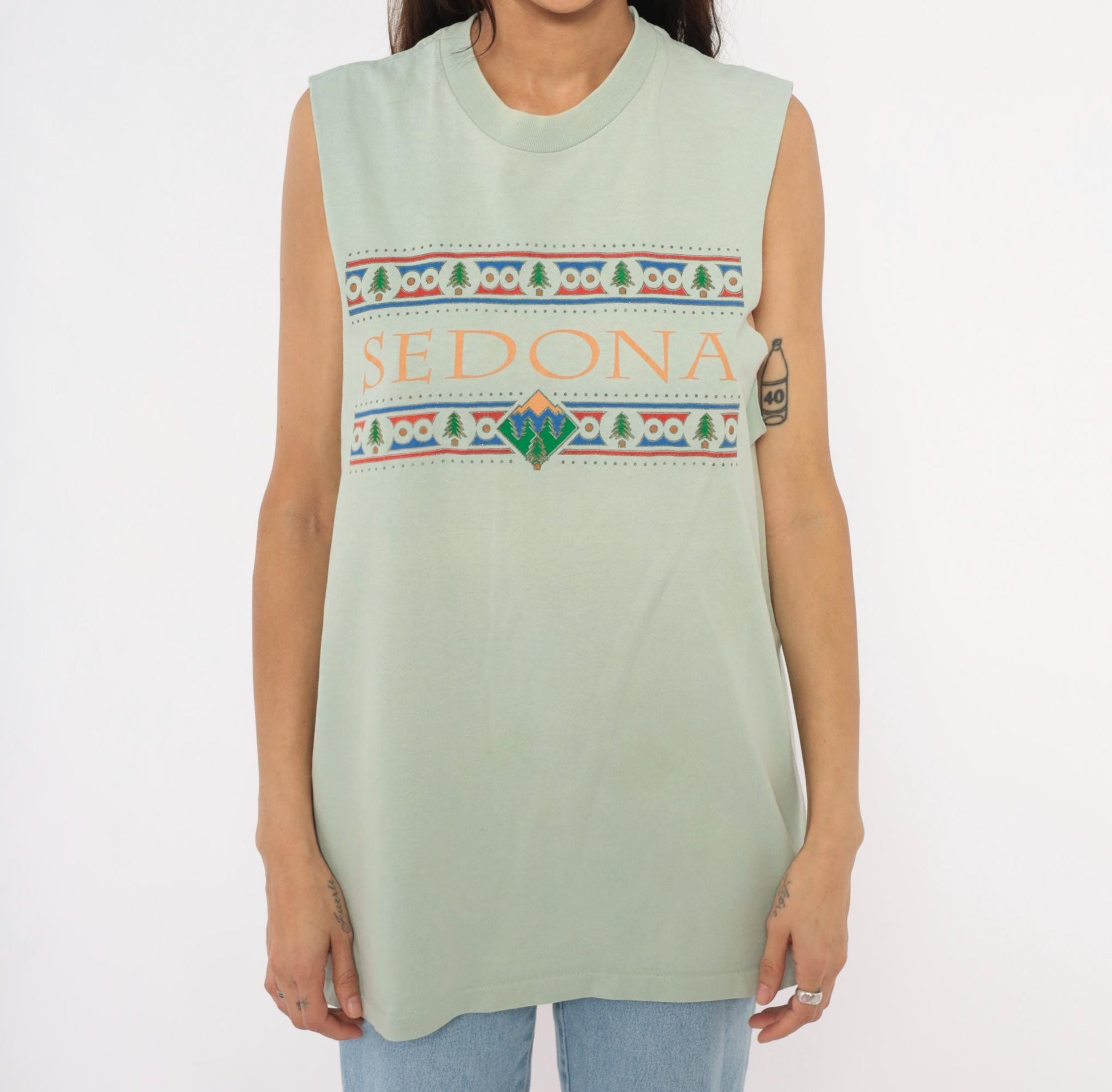 90s Anvil Sedona Arizona Sage Green Cotton Tank Top Graphic Mountain Tree Extra Large XL