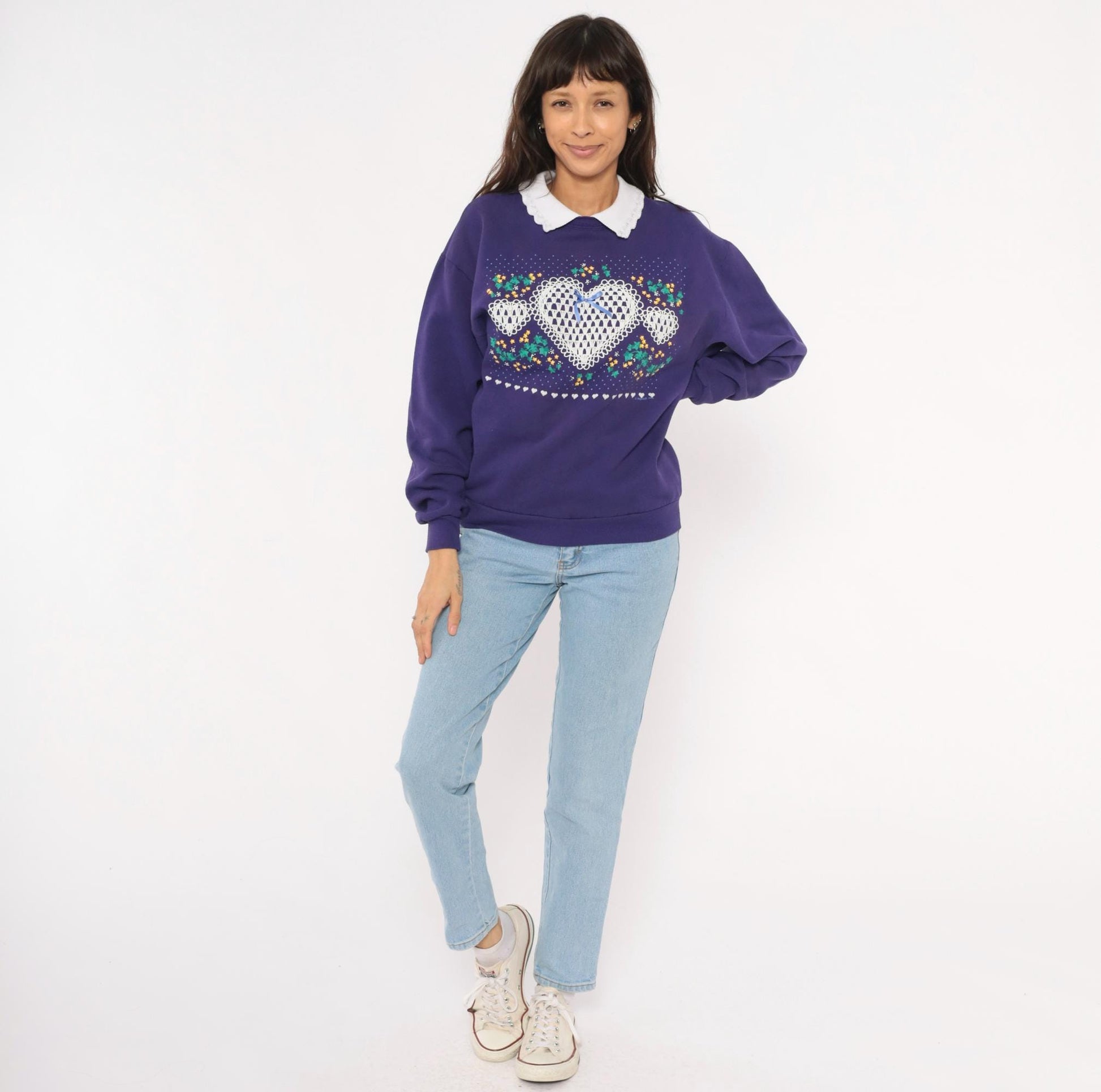 90s PegiGoff Purple Sweatshirt Peter Pan Collar Lace Heart Floral Medium M
