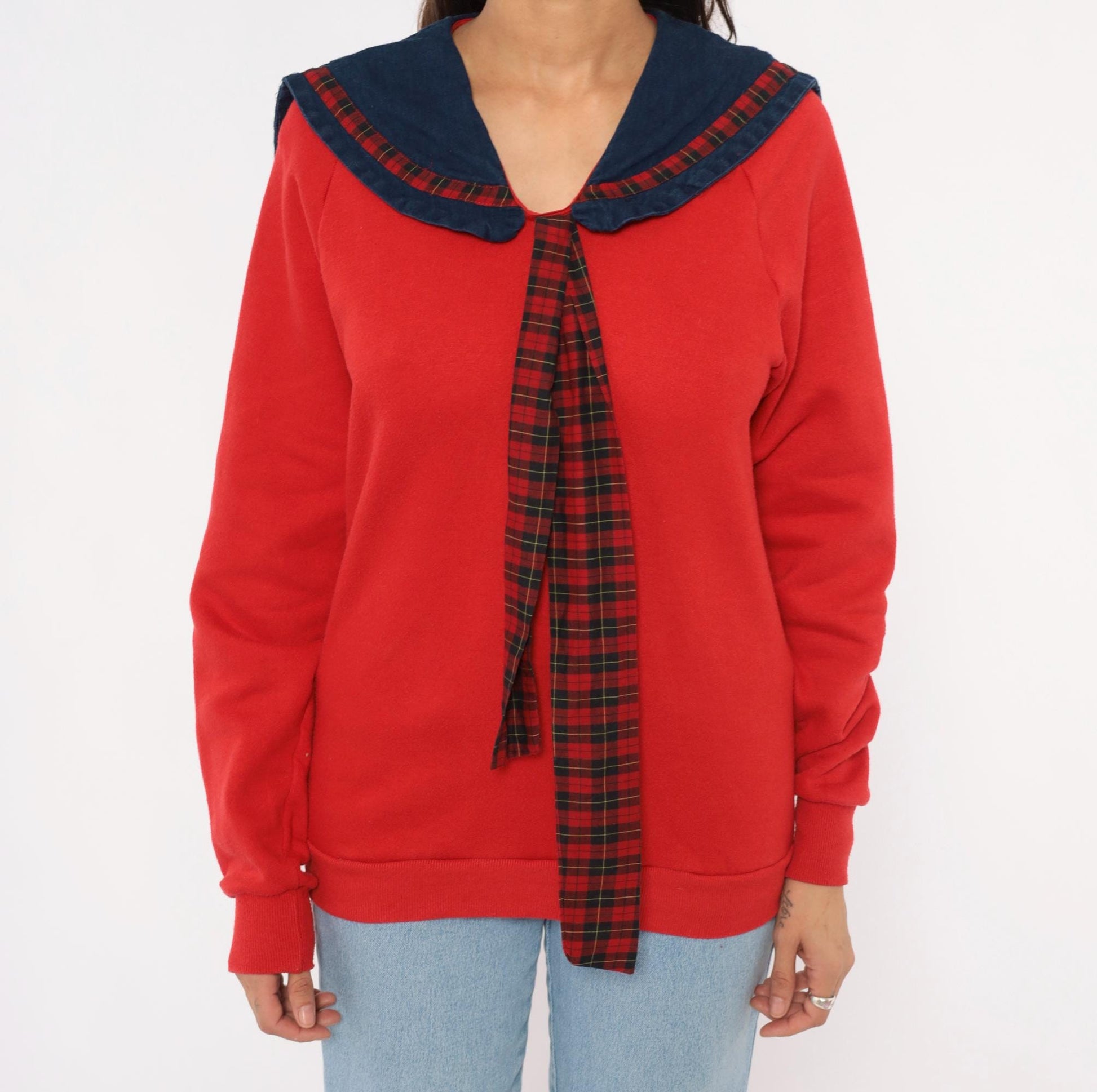 90s Jerzees Sailor Collar Sweatshirt Red Plaid Bow Denim Bib Medium M