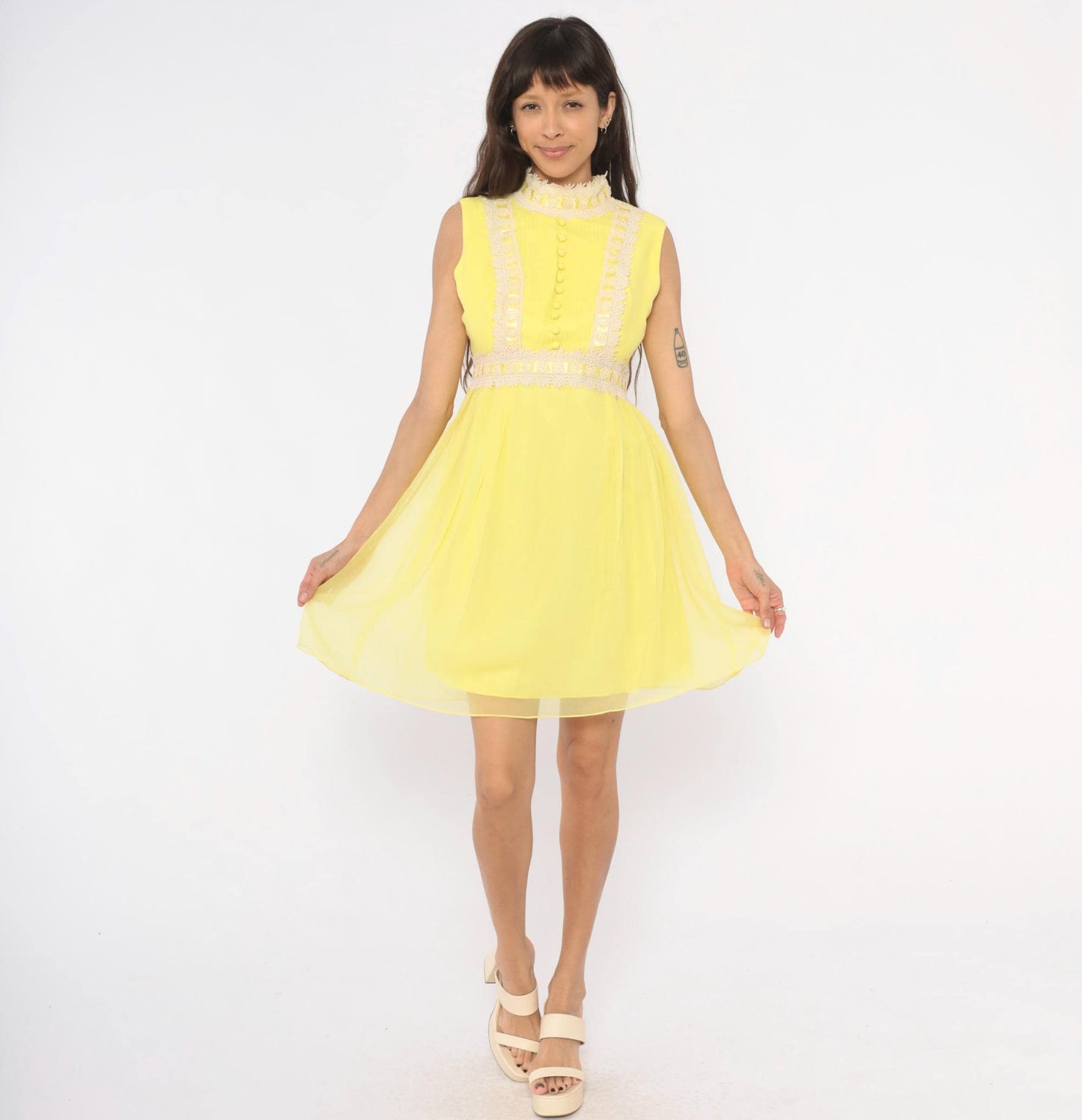 1970s Yellow Chiffon Mini Dress Lace Trim Mock Neck Pintuck Bodice Small