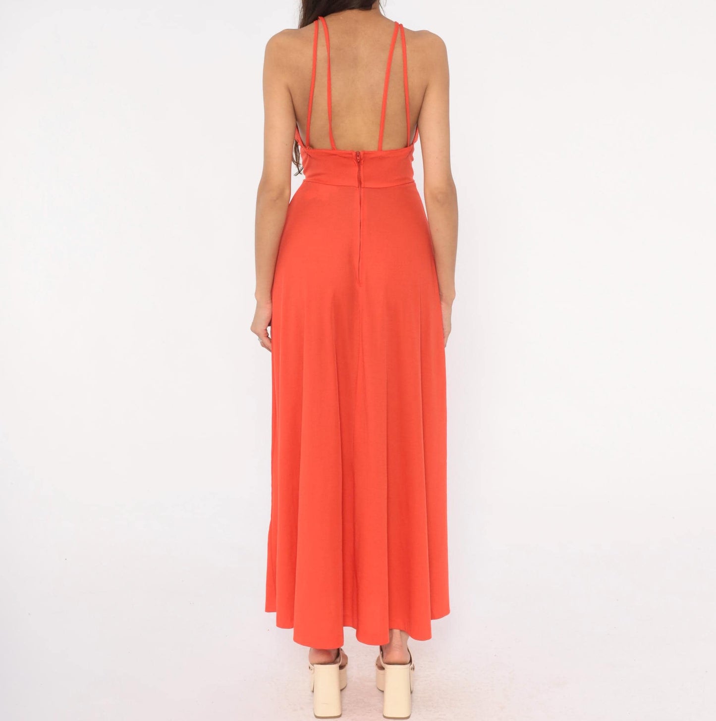 70s Misty Lane Coral Halter Maxi Dress Keyhole Neckline Extra Small XS
