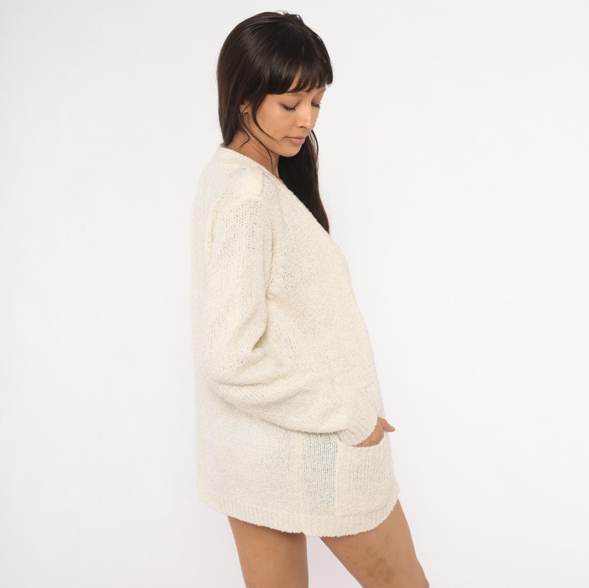 70s LeRoy Knitwear Open Front Cardigan Cream Bouclé Deep V Neck Medium
