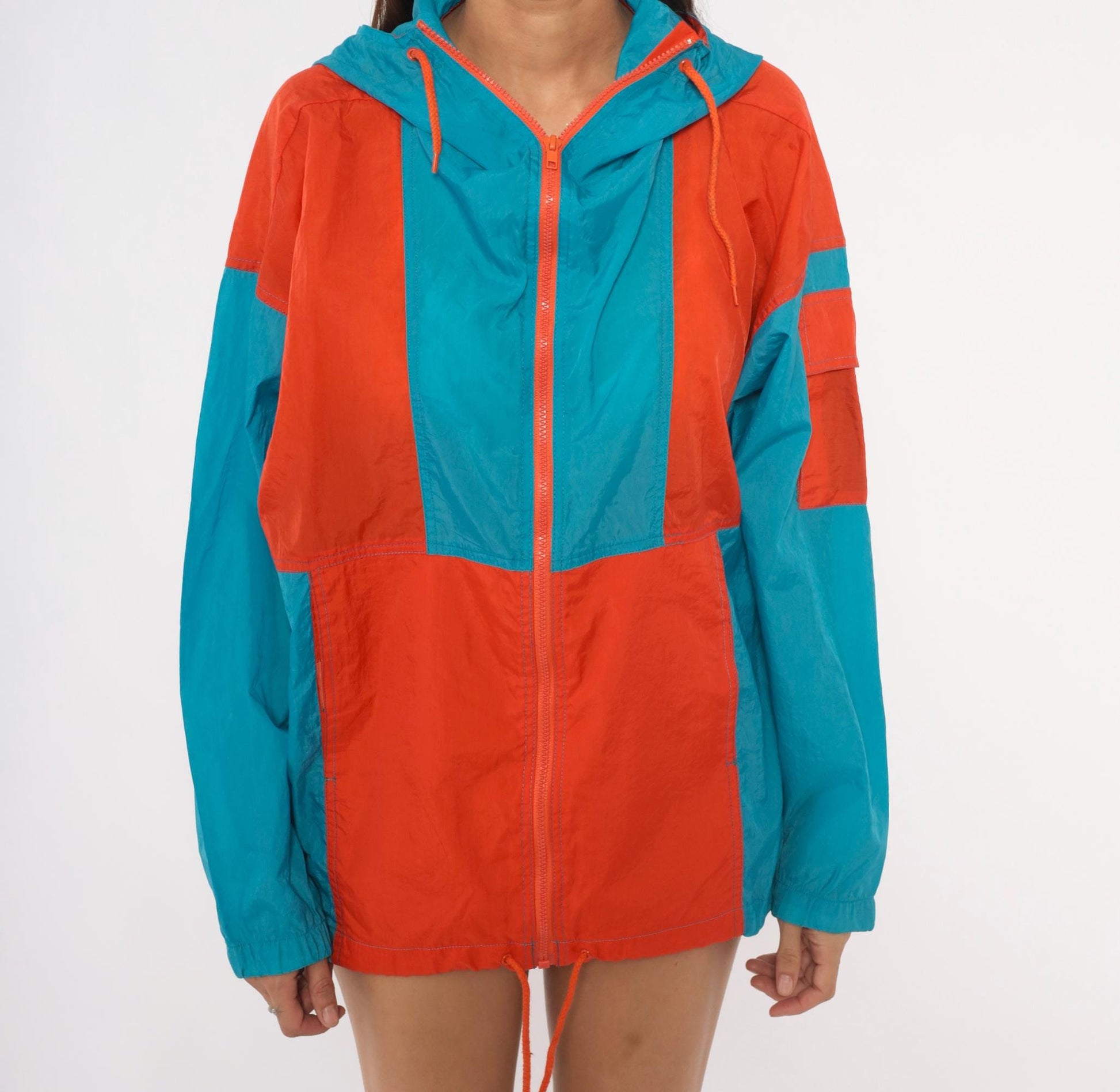 80s Sbi Teal Orange Colorblock Windbreaker Hooded Nylon Jacket Small