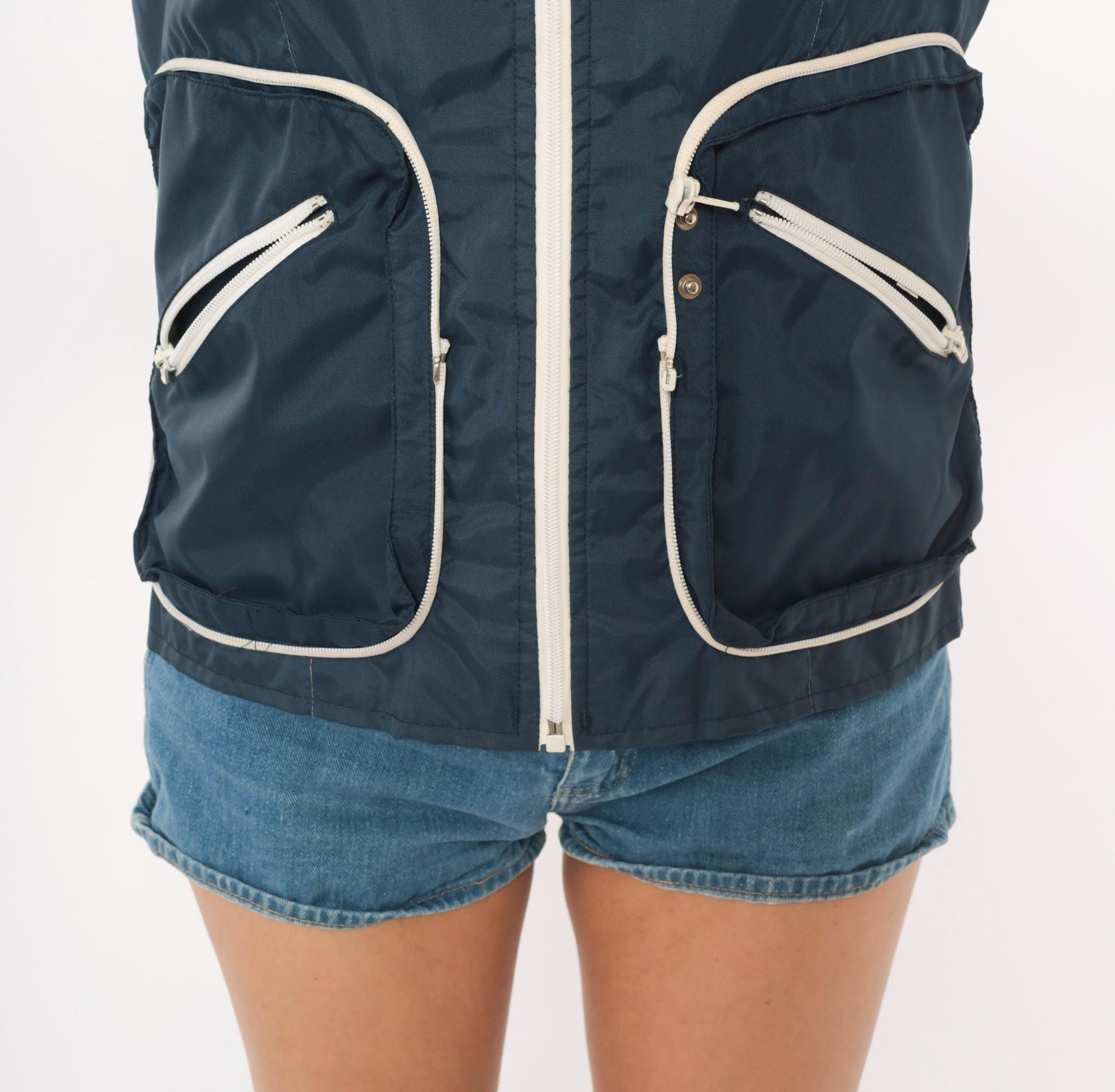 70s Navy Windbreaker White Contrast Zipper Stand Collar Shell Jacket Small S