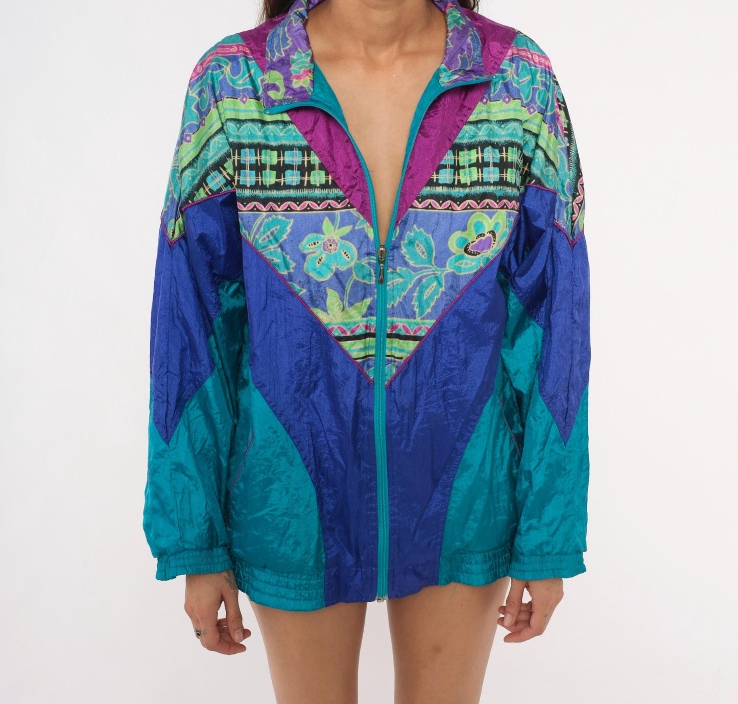 90s Bold Spirit Colorblock Windbreaker Teal Purple Geometric Floral Extra Large XL