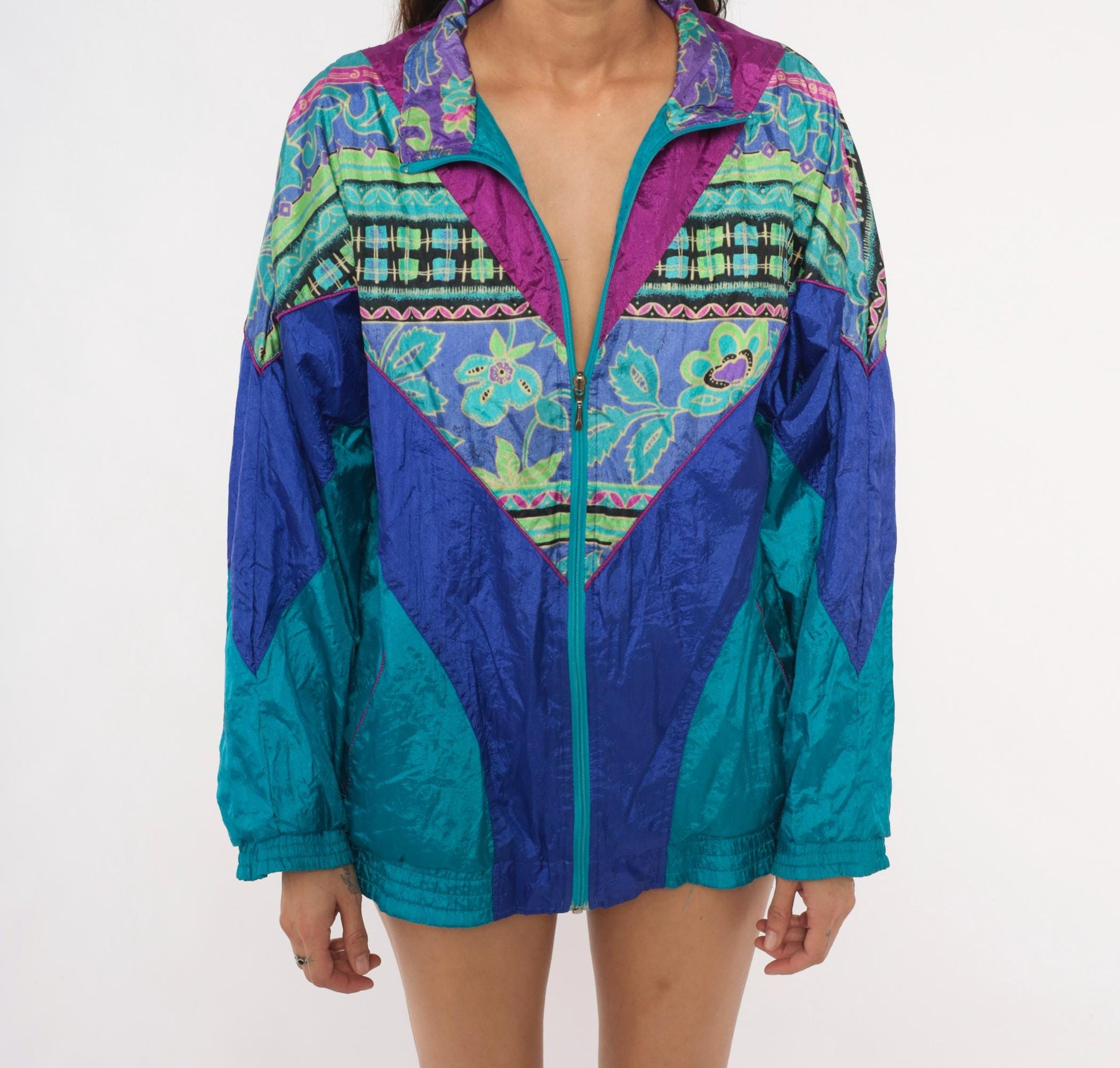 90s Bold Spirit Colorblock Windbreaker Teal Purple Geometric Floral Extra Large XL