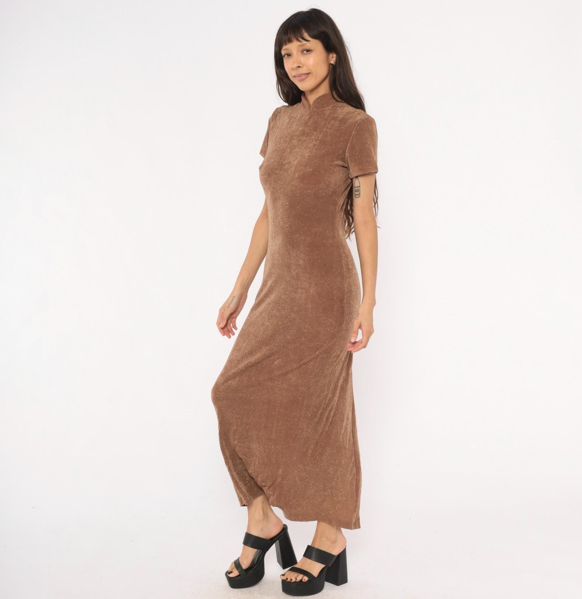 90s Jessica Howard Mocha Velvet Maxi Dress Glitter Mock Neck Small