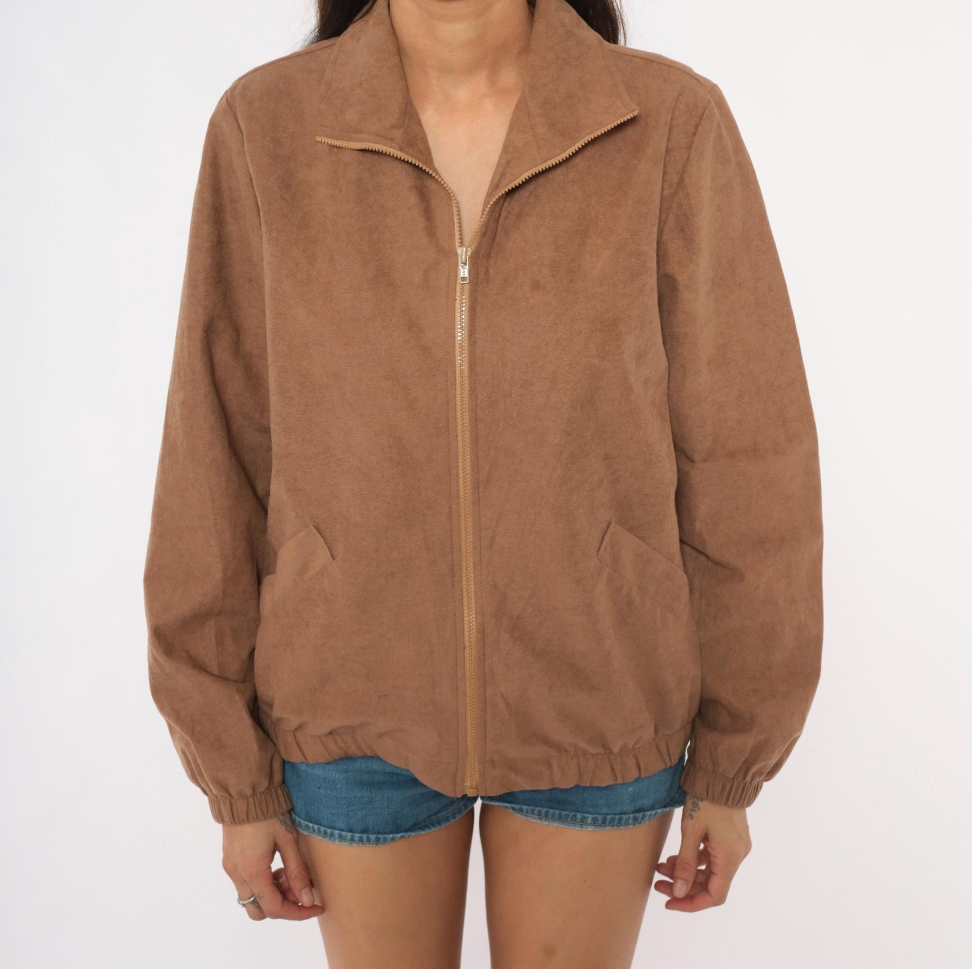 80s Blair Tan Faux Suede Bomber Jacket Zip Harrington Collar Medium