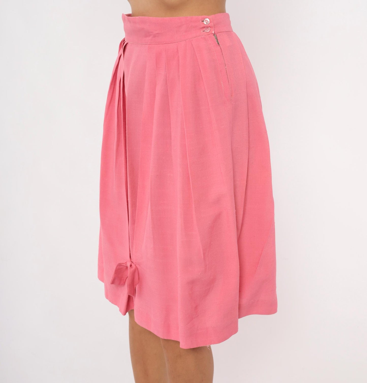 60s Pink Pleated Skirt High Waist Bubble Bow Tie Full Skirt Small