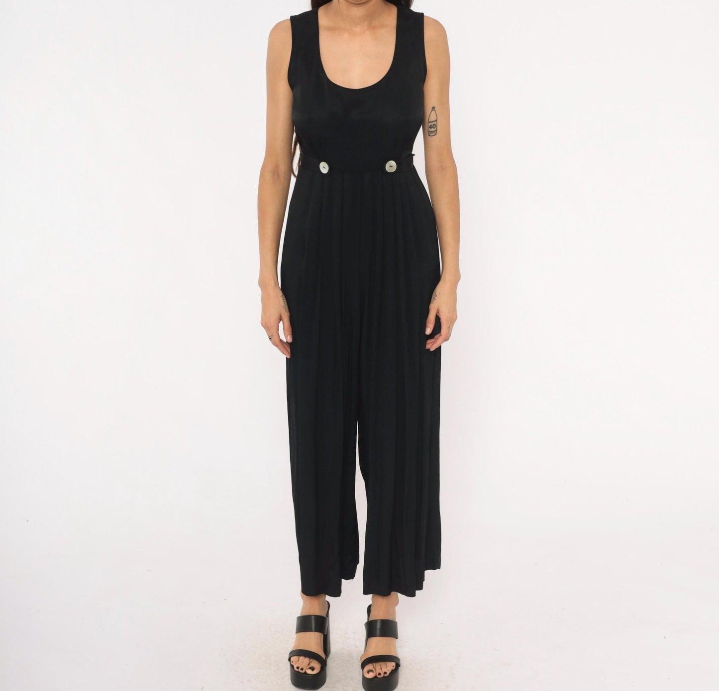 90s Jeffrey & Dara Black Wide-Leg Jumpsuit Pleated Waist Tie-Back Medium M