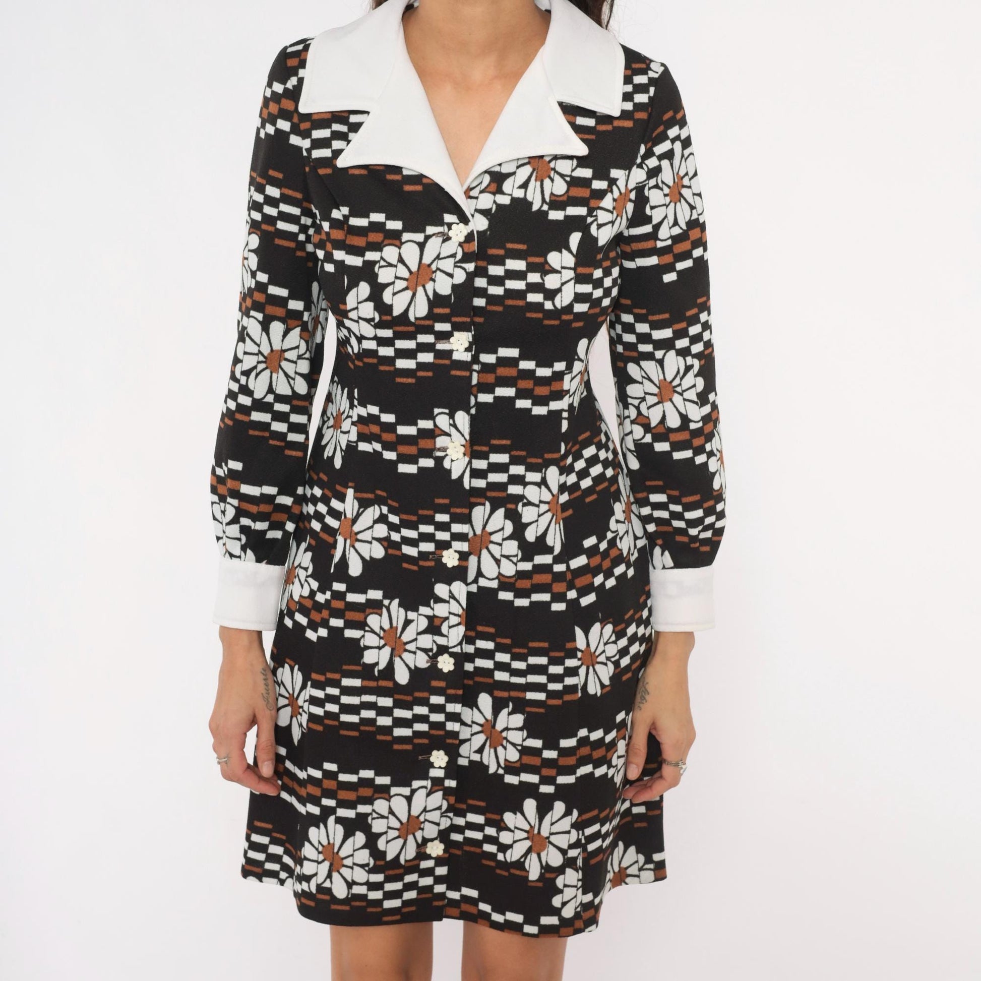 70s Daisy Print Mini Babydoll Dress Black White Checkered Collar Medium M