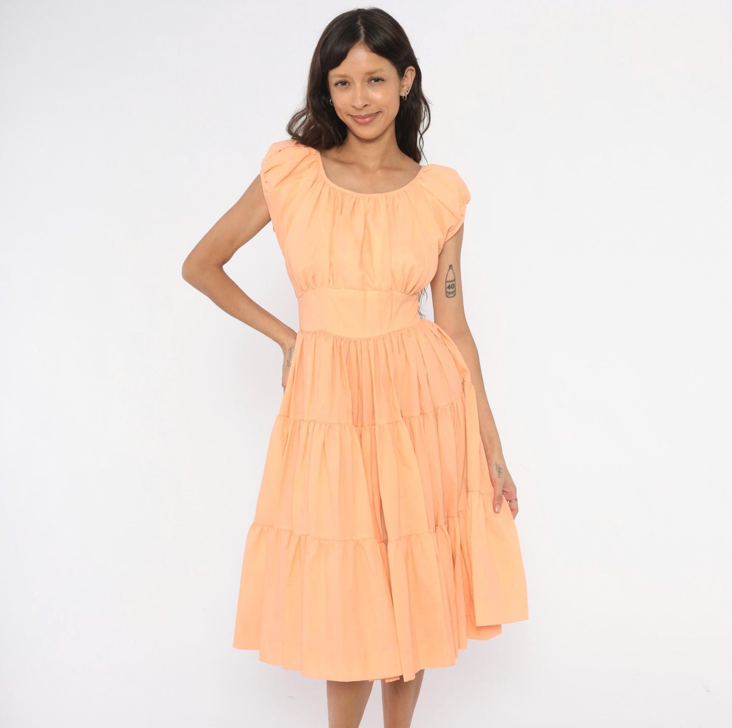 60s Peach Puff Sleeve Tiered Dress Gathered Bodice Knee Length Small