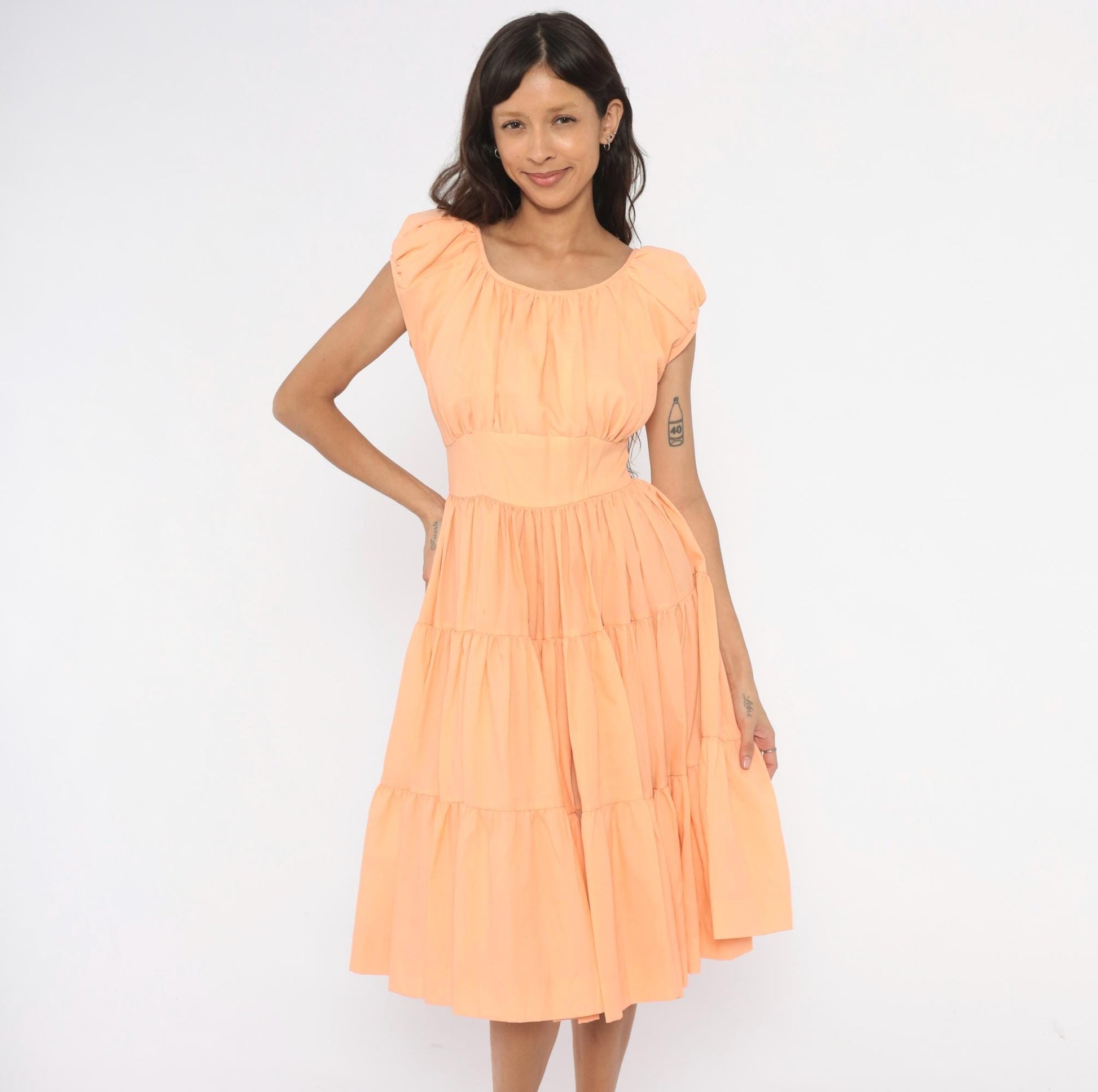 60s Peach Puff Sleeve Tiered Dress Gathered Bodice Knee Length Small