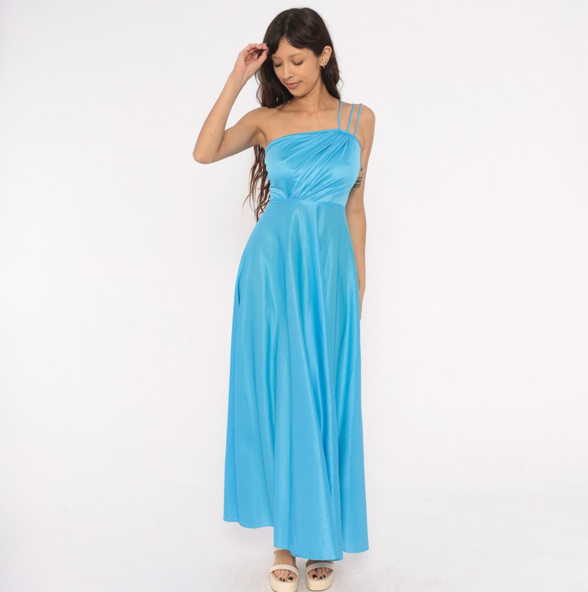 70s Sky Blue One-Shoulder Maxi Gown Asymmetric Draped Bodice Floor Length Extra Small XS