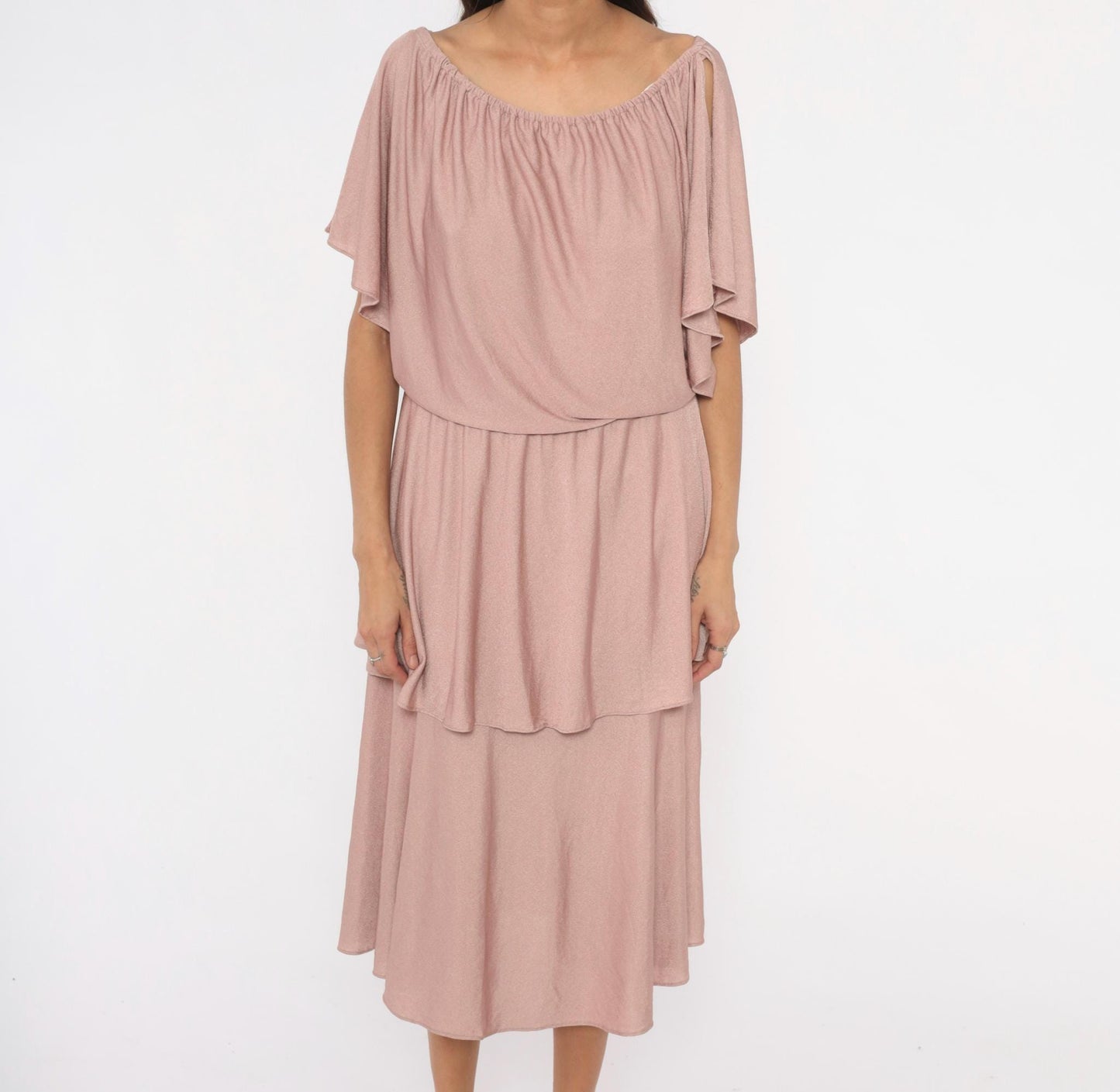 70s The Dress Mauve Tiered Midi Dress Flutter Sleeve Cold Shoulder Medium