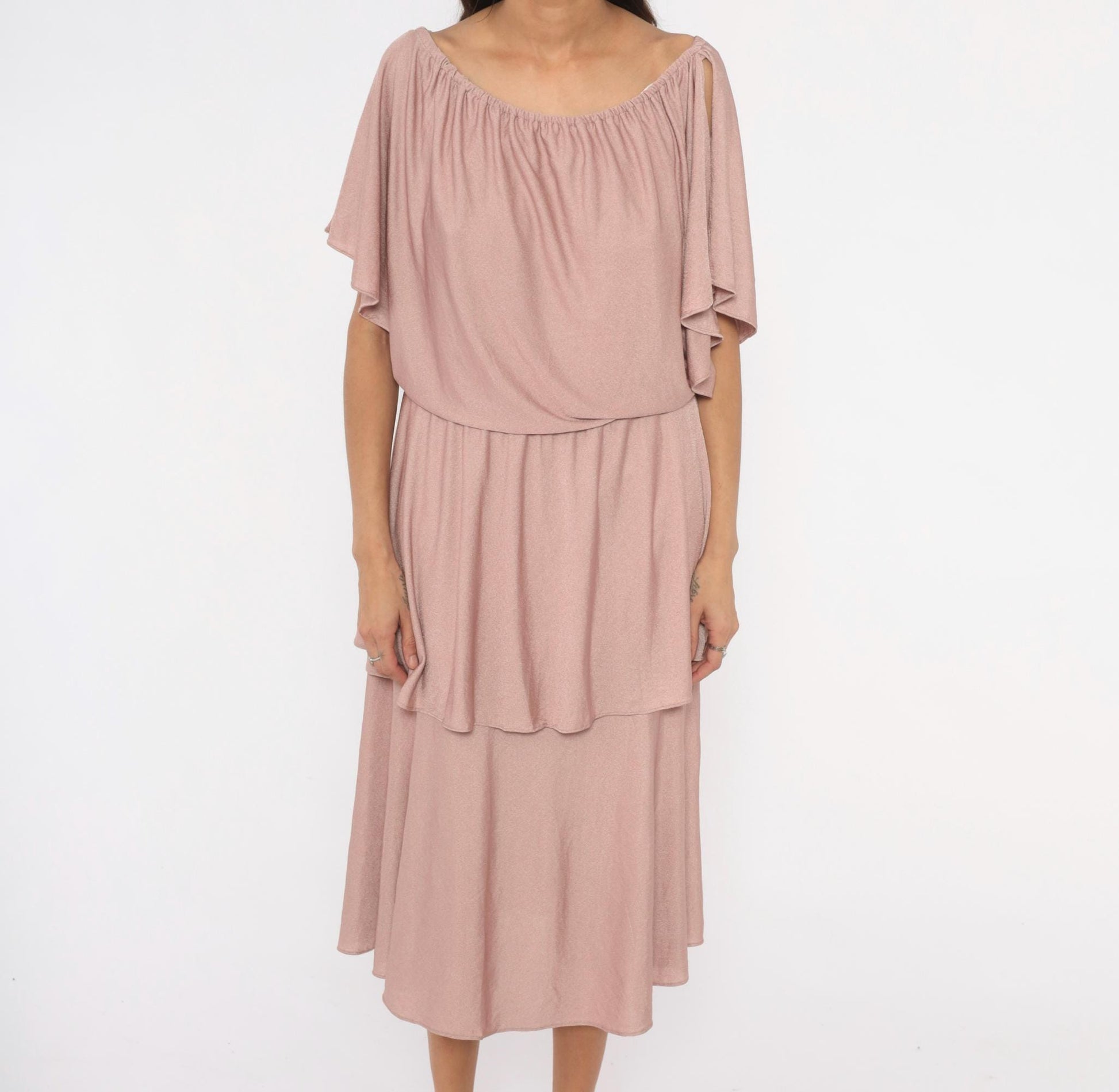 70s The Dress Mauve Tiered Midi Dress Flutter Sleeve Cold Shoulder Medium