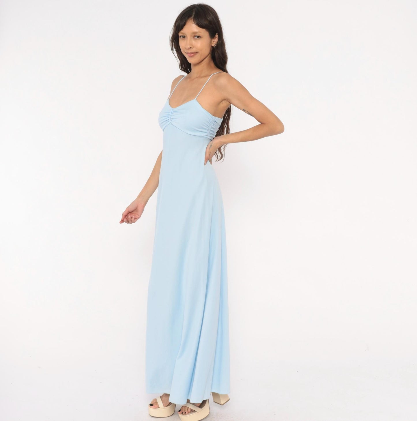 70s Baby Blue Maxi Dress Spaghetti Strap Sweetheart Neckline Empire Waist Extra Small XS